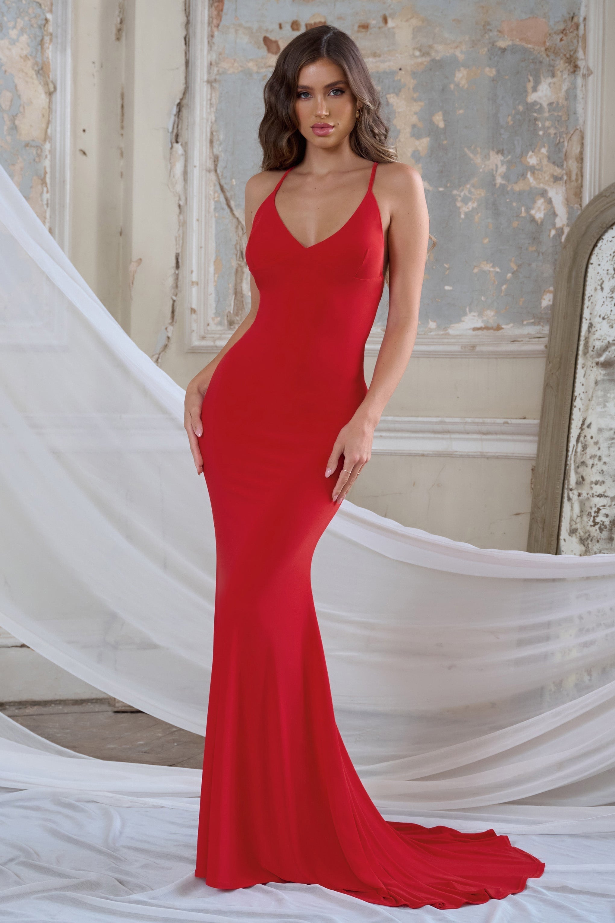 Lucky Number | Red Cross Back Fishtail Maxi Dress