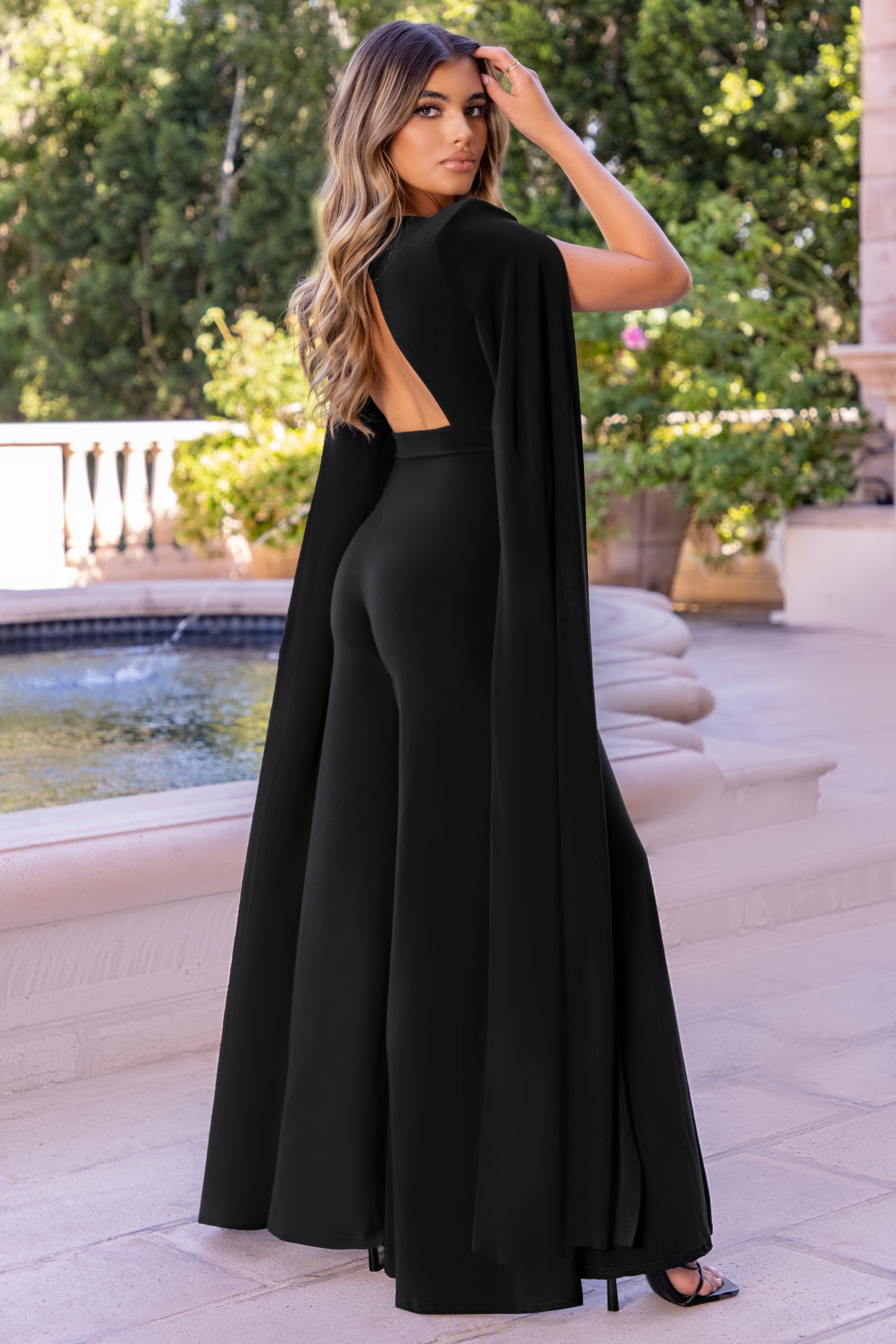 Mesmerise | Black Plunge Front Cape Jumpsuit