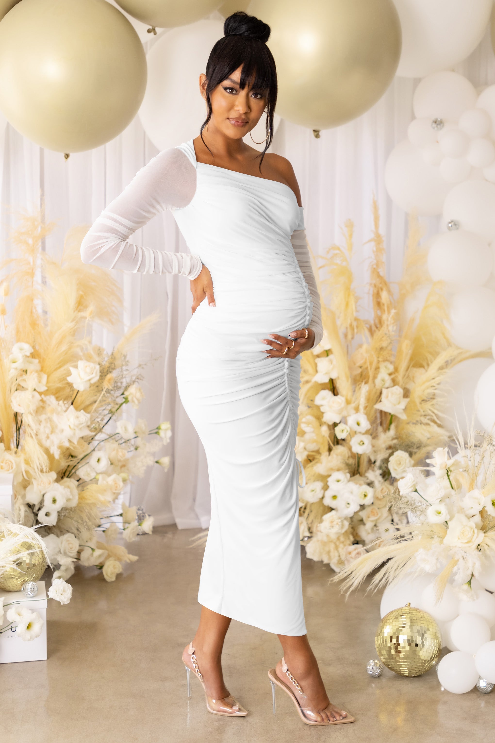 Sweet Dreams | White Maternity Asymmetric Ruched Midi Dress