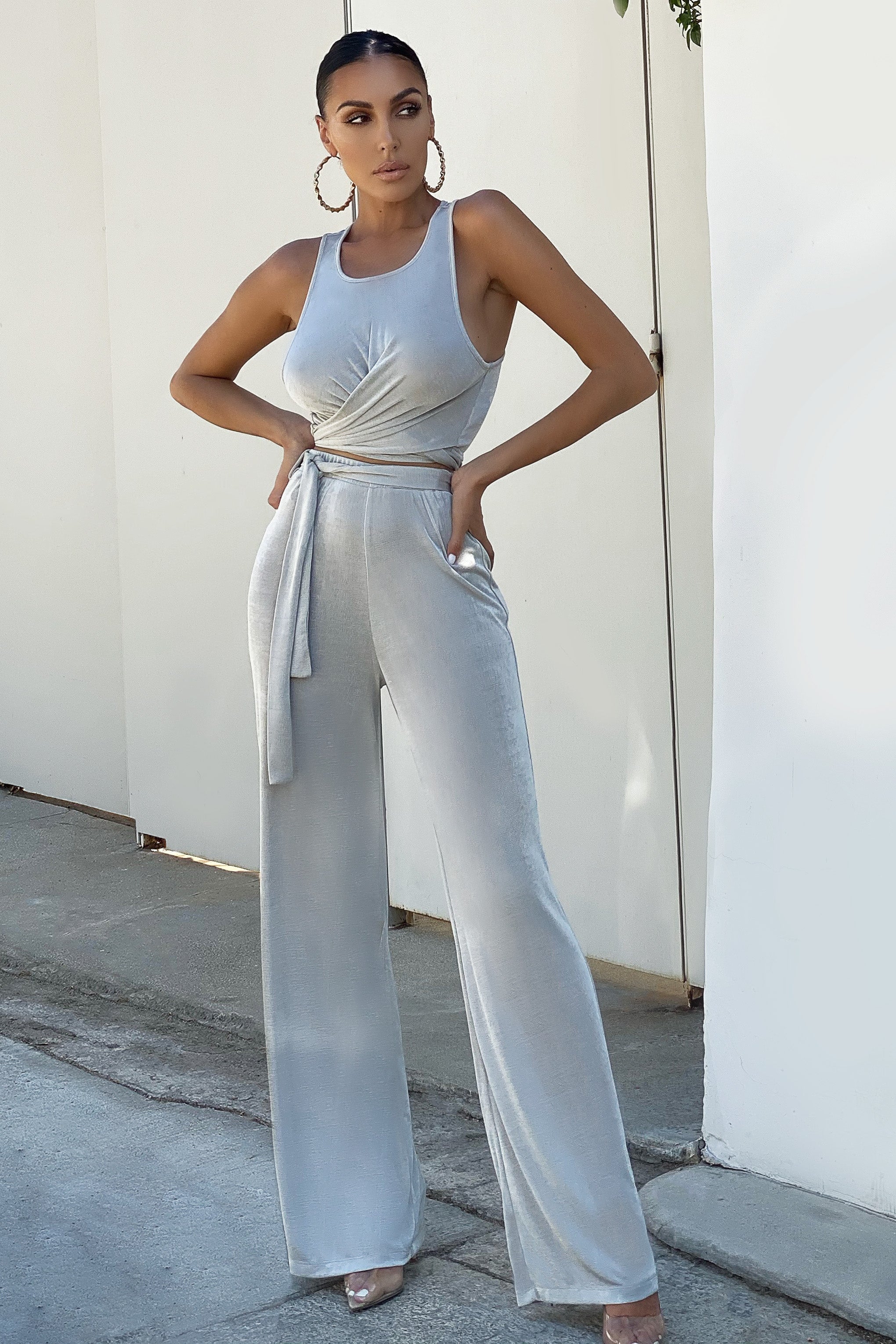 Lotus Flower | Stone Grey Tie Front Wide Leg Trousers