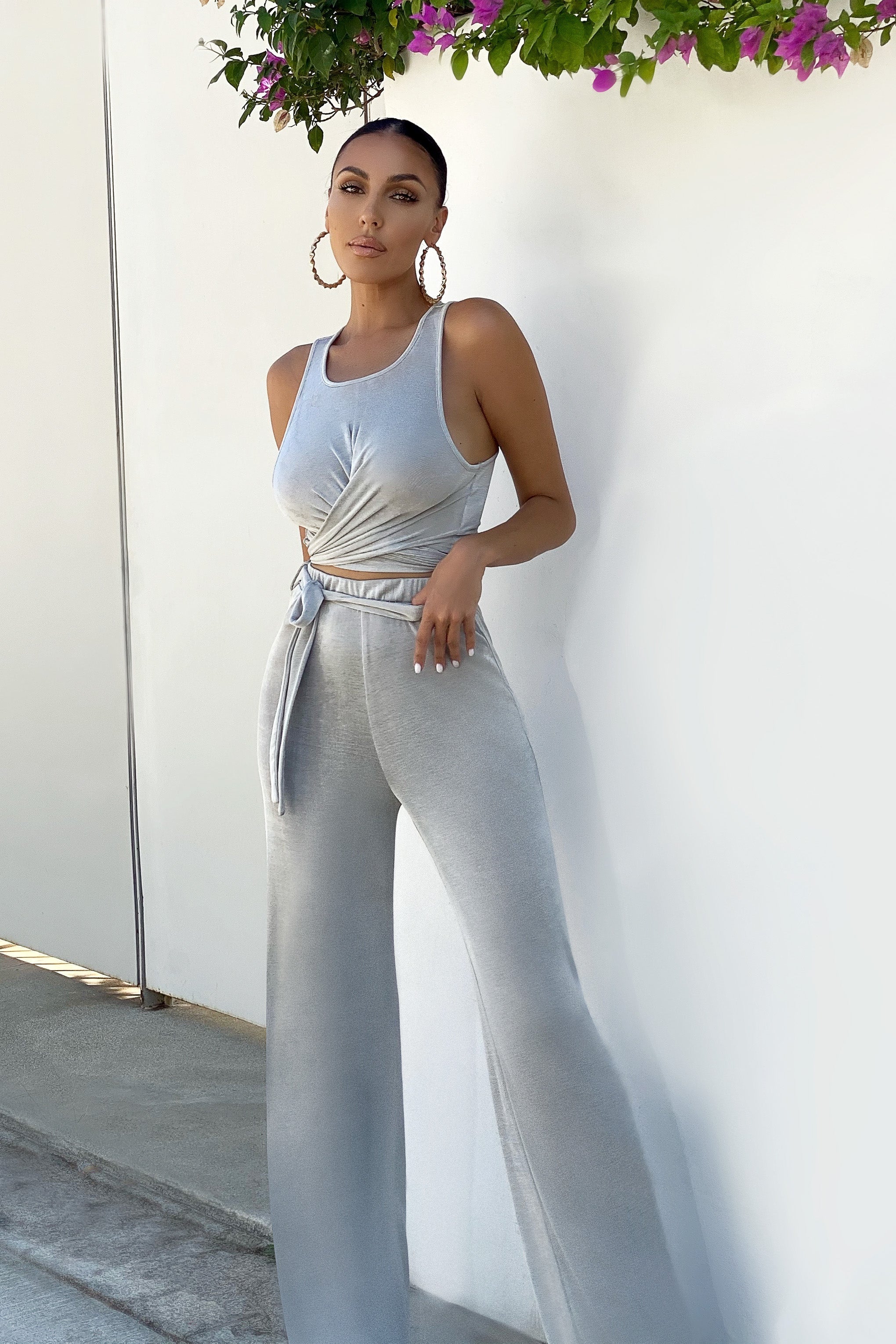 Lotus Flower | Stone Grey Tie Front Wide Leg Trousers