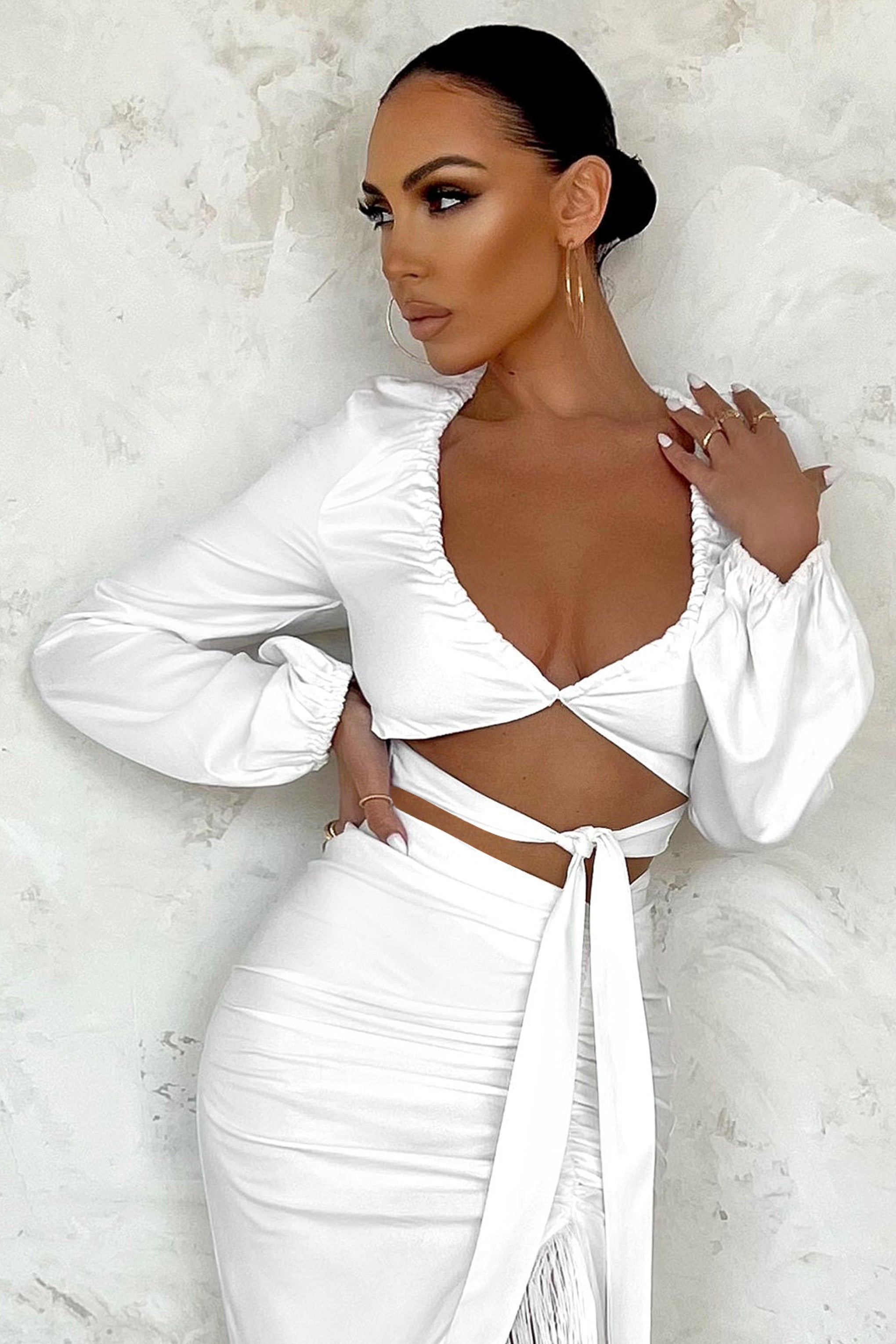 Speechless | White Plunge Statement Sleeve Crop Top