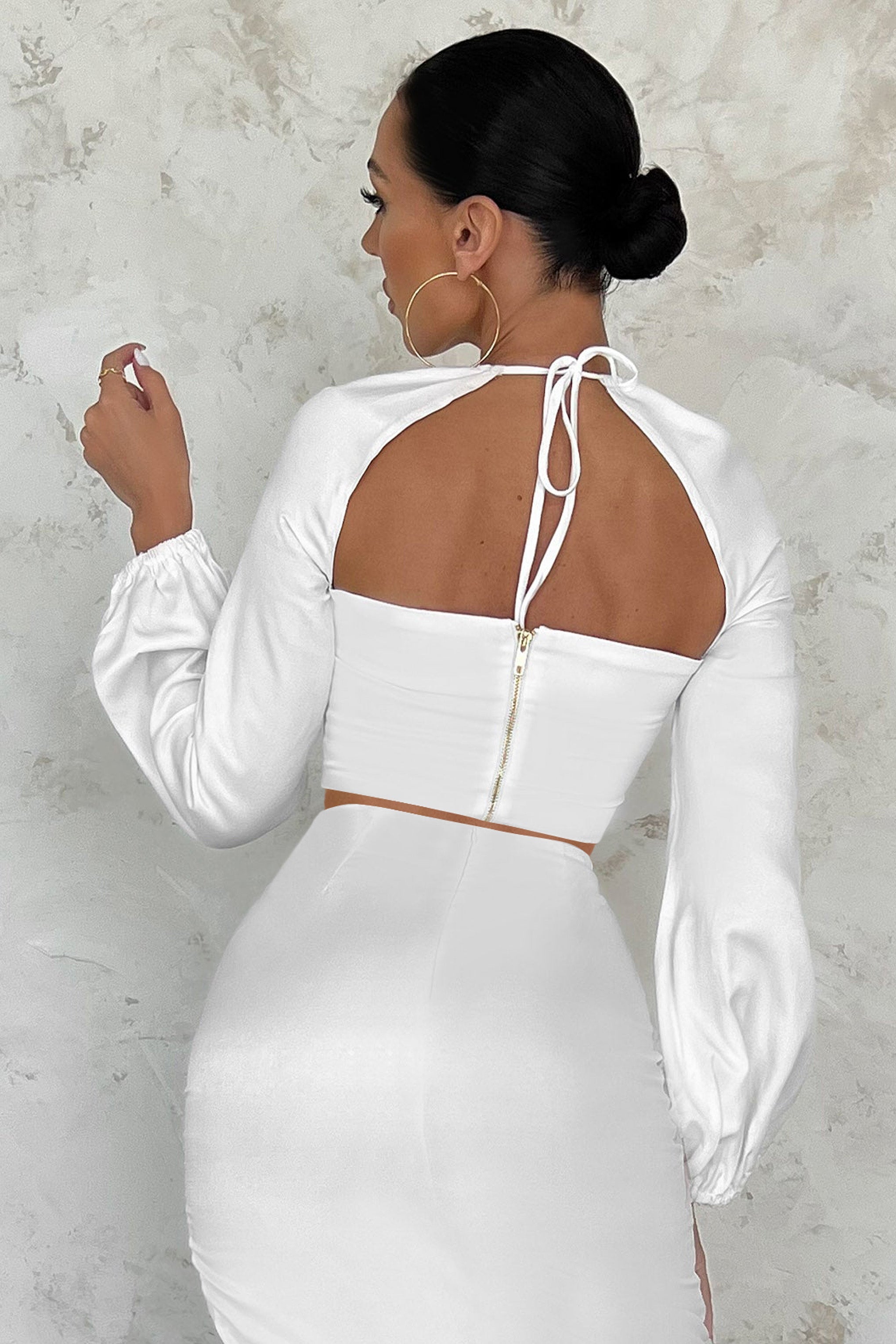 Speechless | White Plunge Statement Sleeve Crop Top