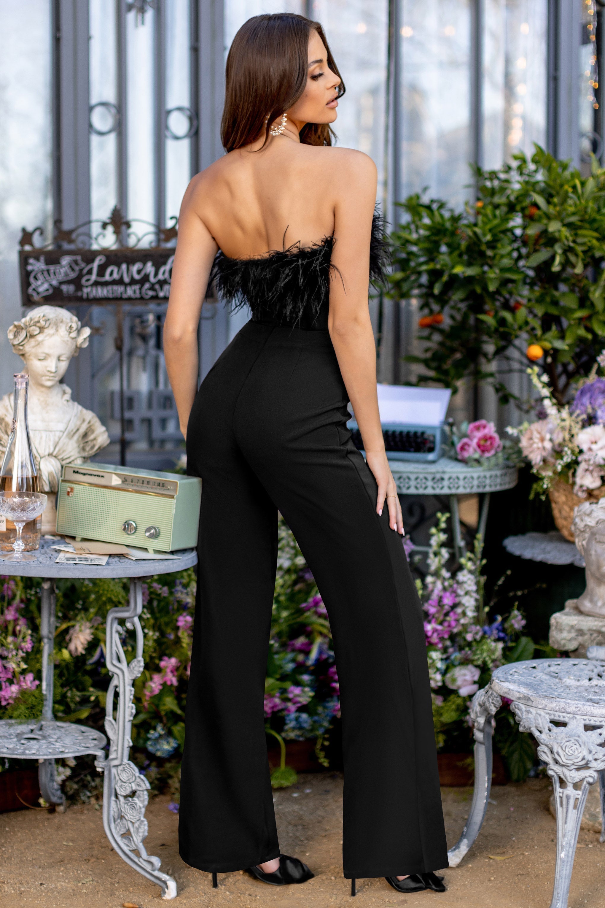 First Class | Black Petite Bandeau Feather Wide Leg jumpsuit