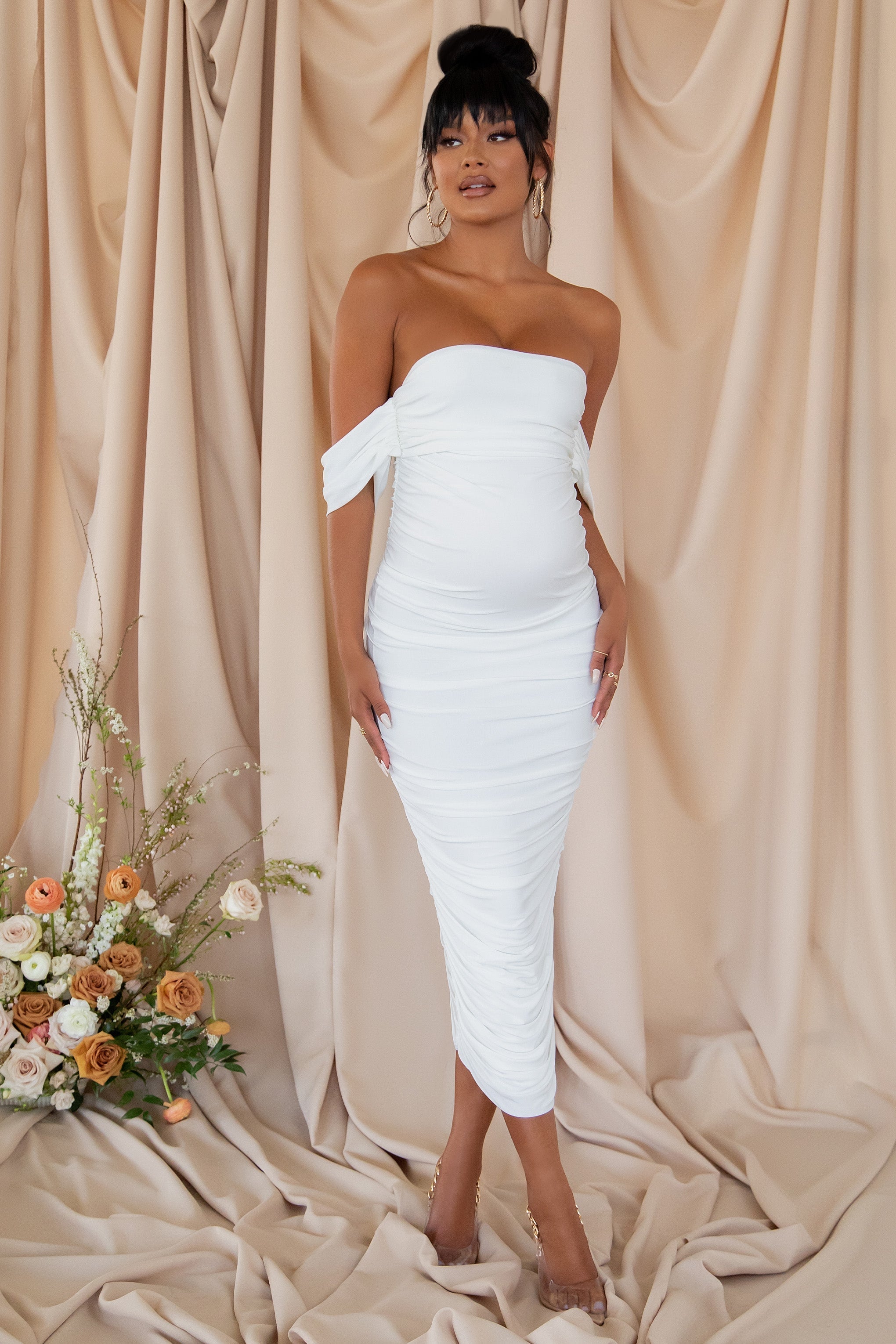 Plus One | White Maternity Bardot Ruched Draped Midi Dress