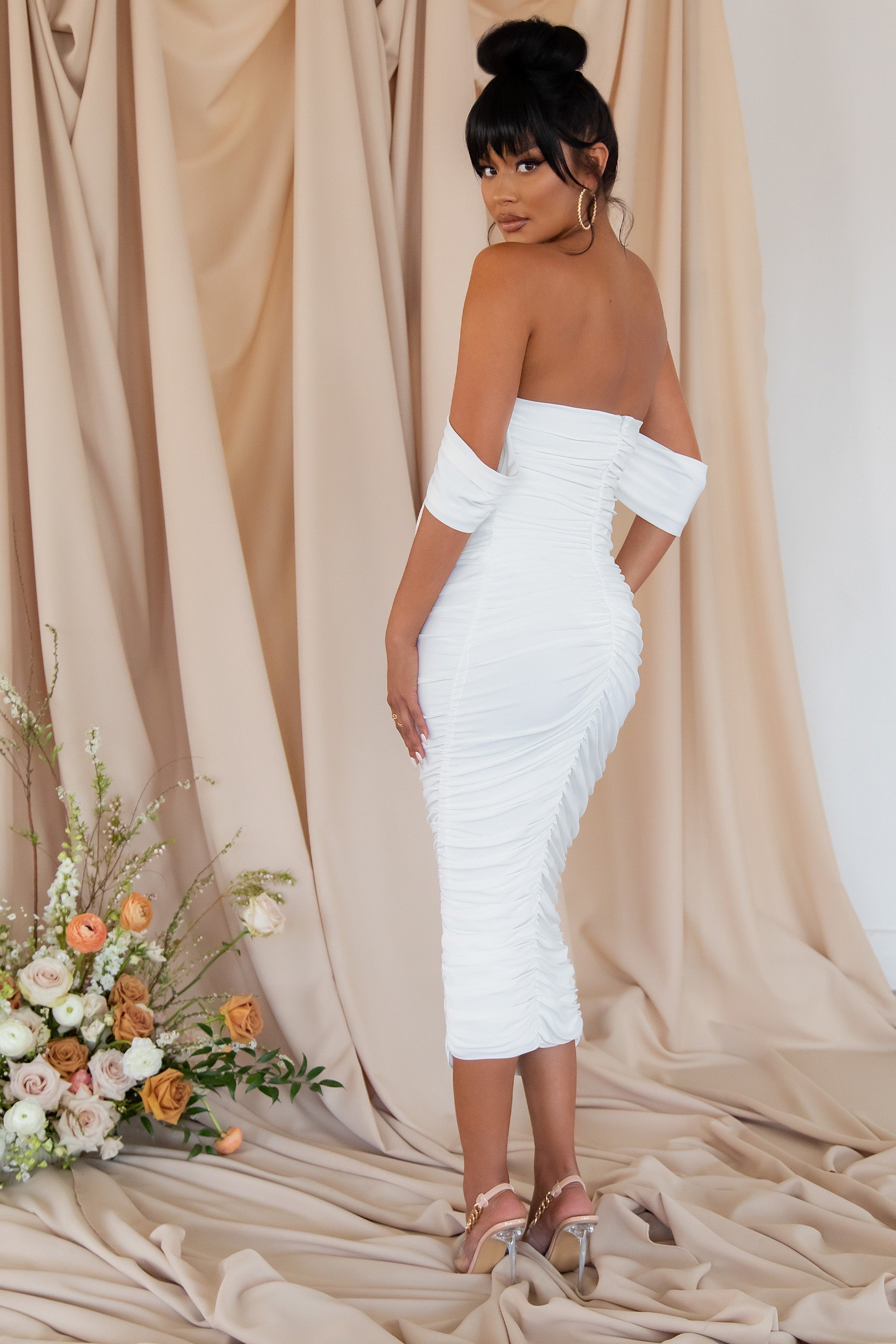 Plus One | White Maternity Bardot Ruched Draped Midi Dress