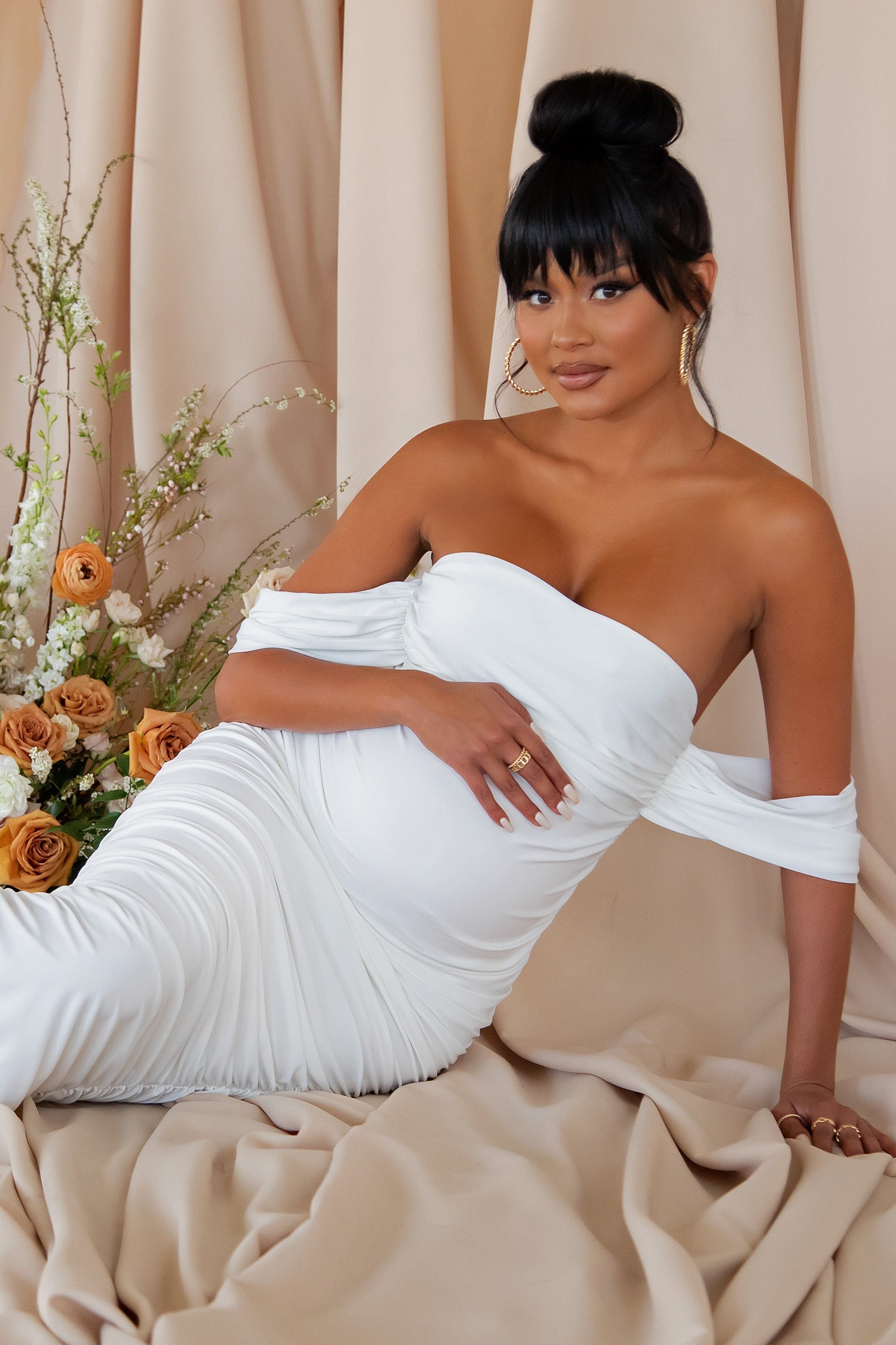 Plus One | White Maternity Bardot Ruched Draped Midi Dress