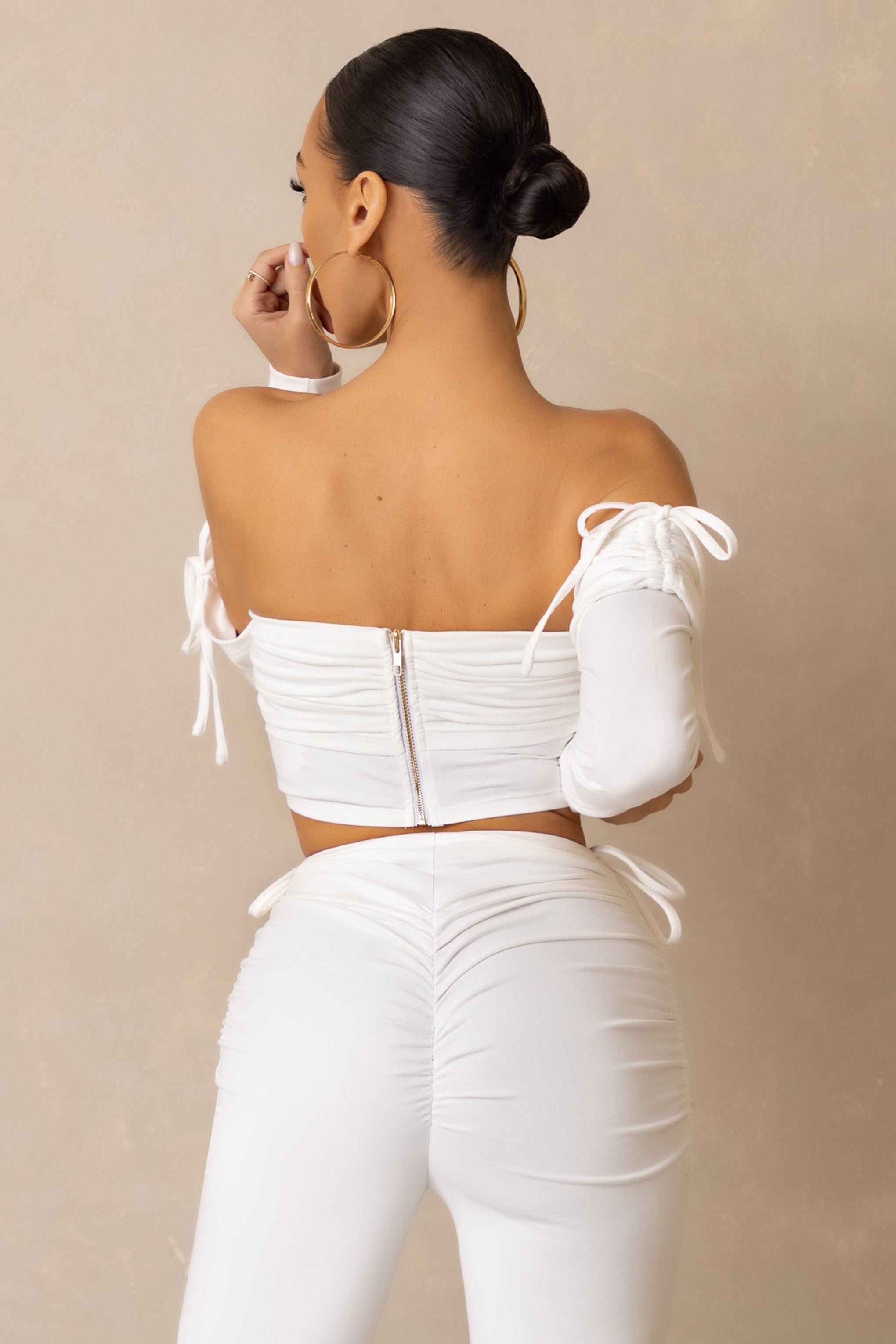 On Top | Off White Ruched Bardot Crop Top