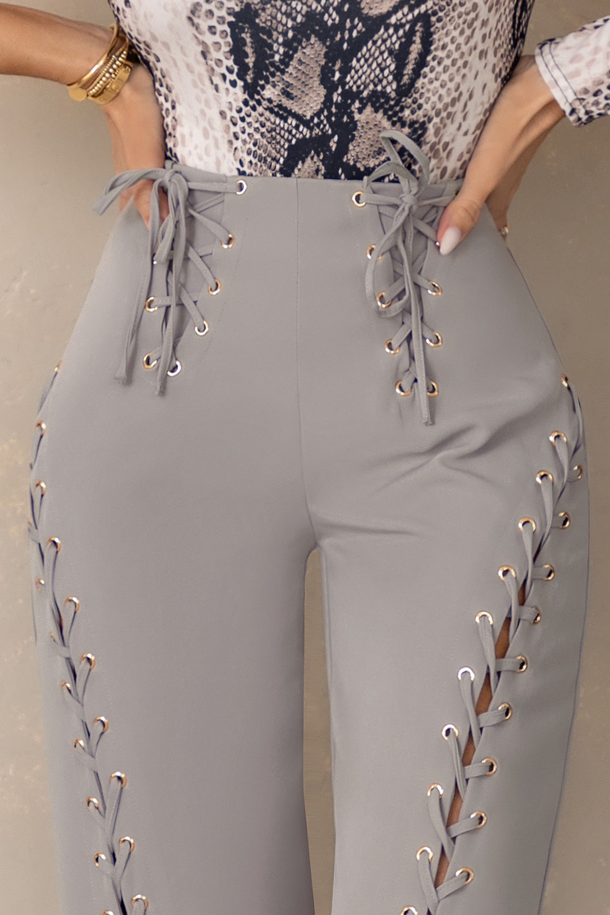 Worthy | Grey Lace-Up Detail Trousers in crepe