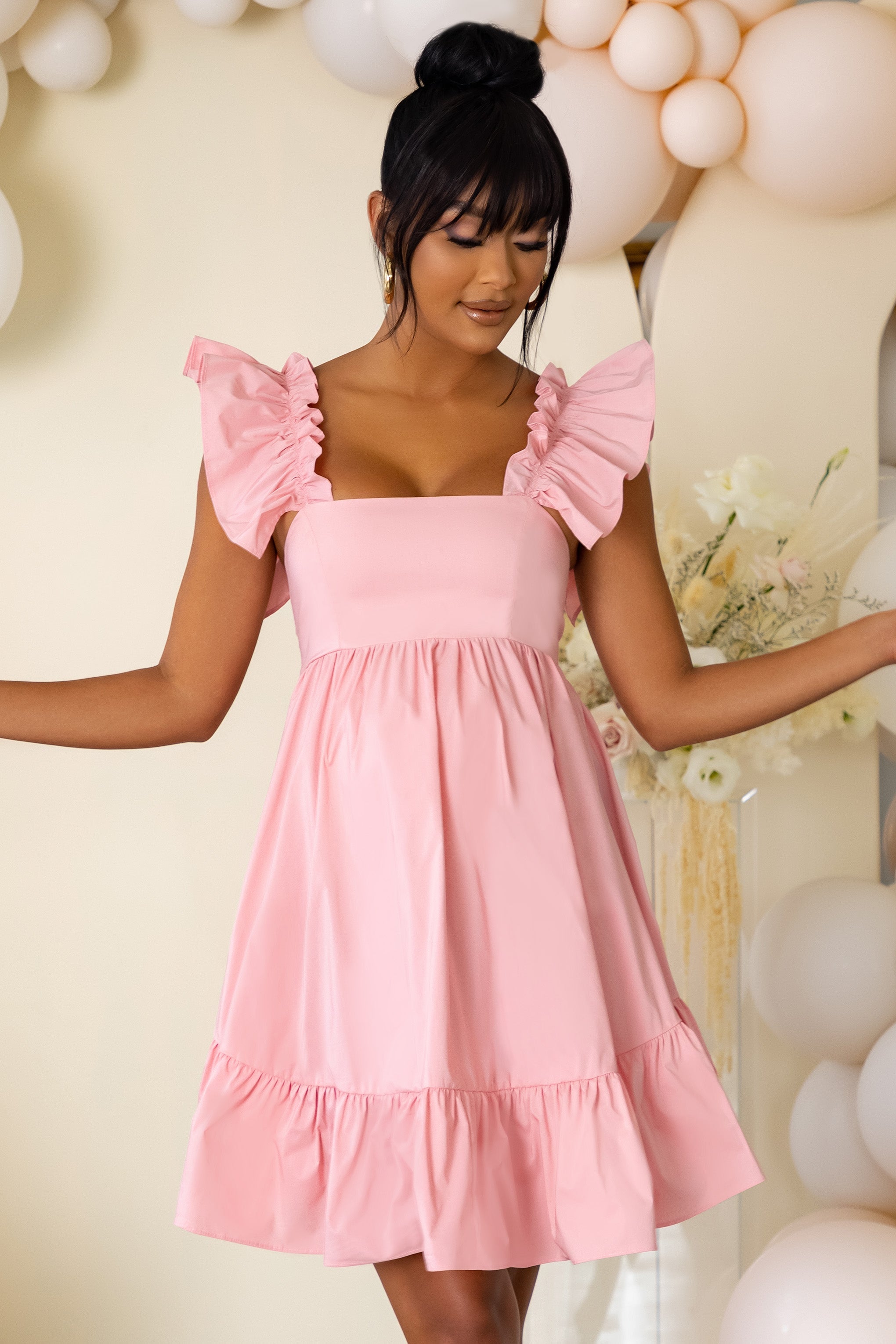 Dolly Daze | Pink Maternity Ruffle Sleeve Babydoll Mini Dress