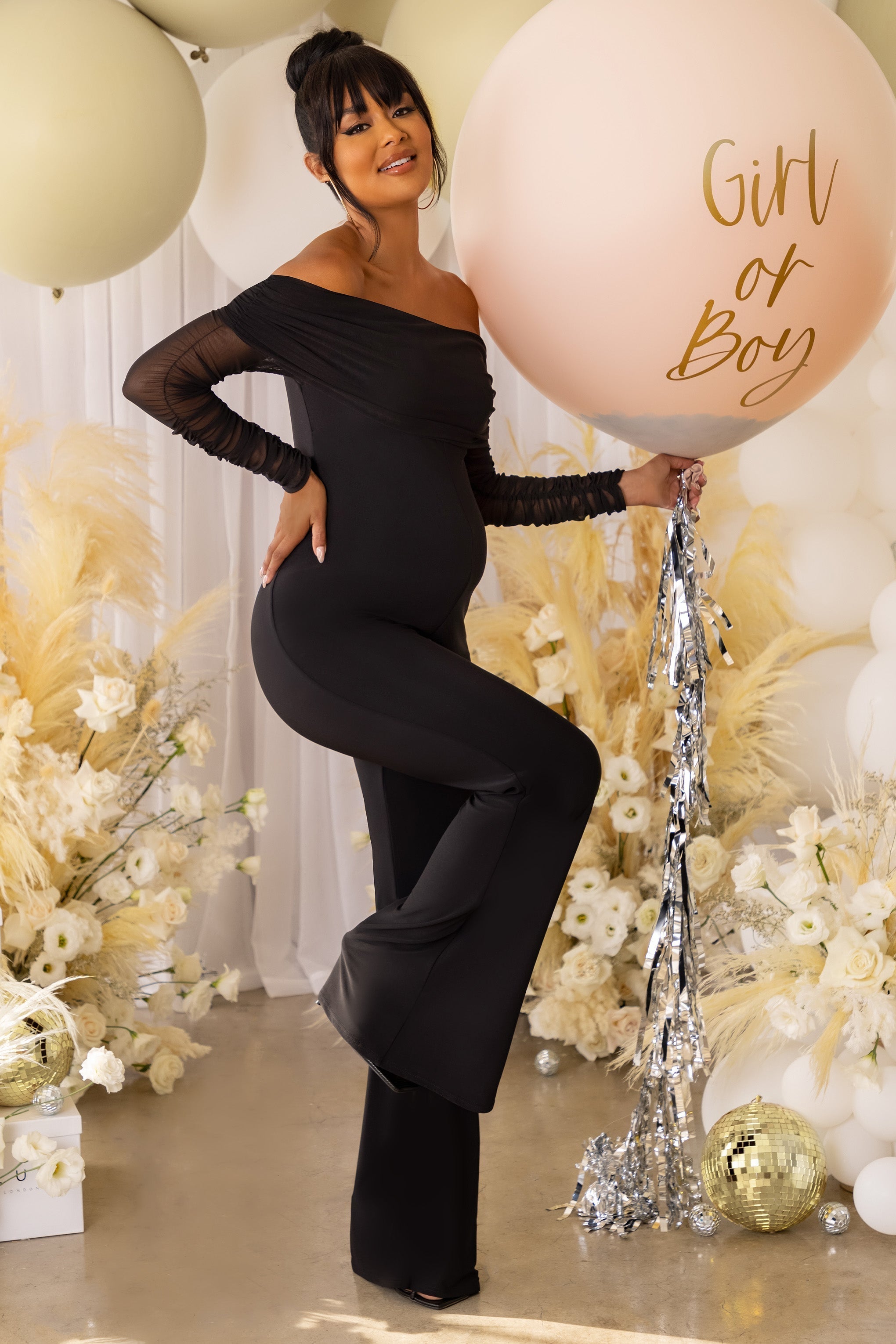 Count Down | Black Maternity Mesh Bardot Jumpsuit