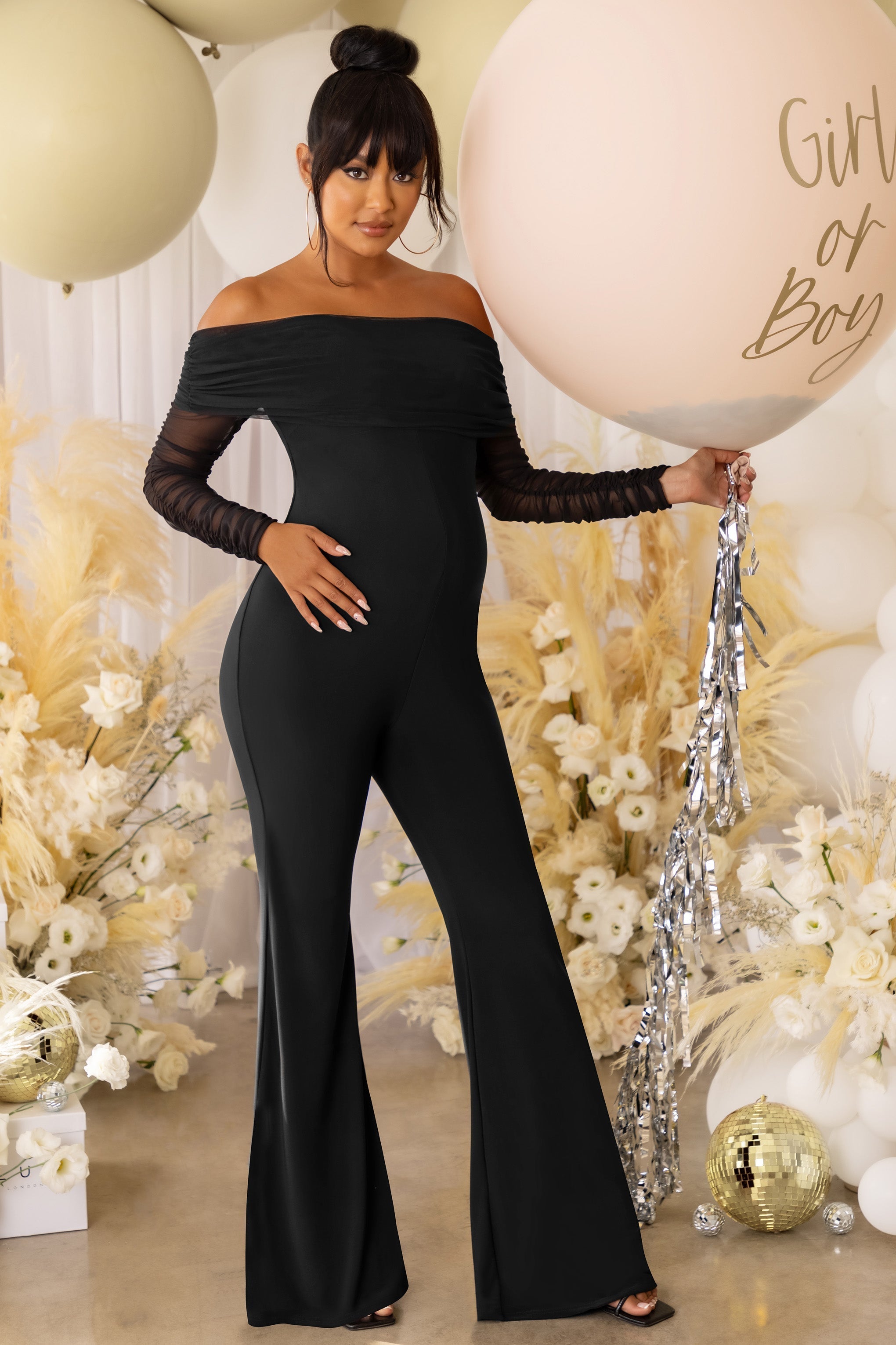 Count Down | Black Maternity Mesh Bardot Jumpsuit