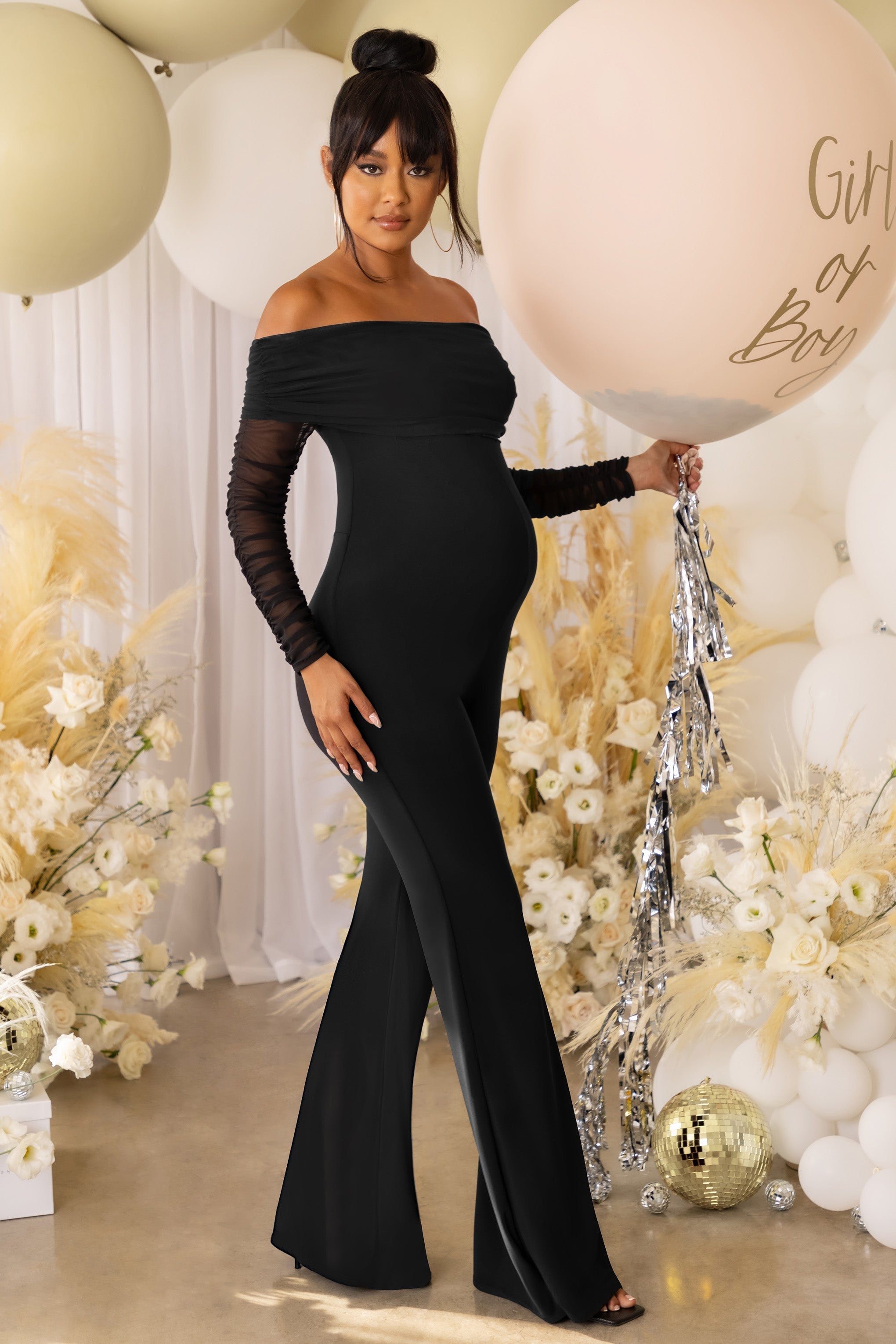 Count Down | Black Maternity Mesh Bardot Jumpsuit