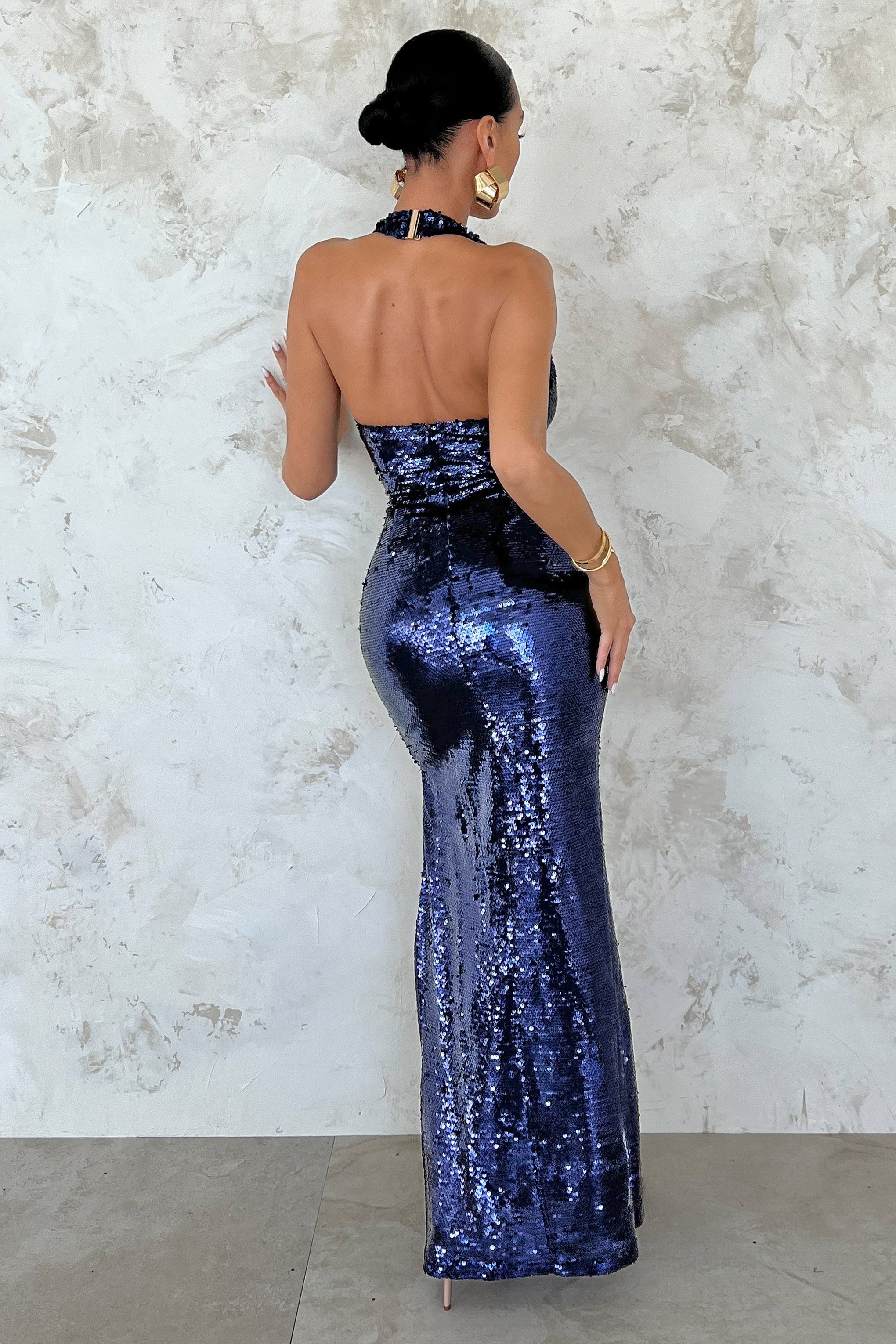 Undoing | Navy Sequin Plunge Front Maxi Dress With Side Split