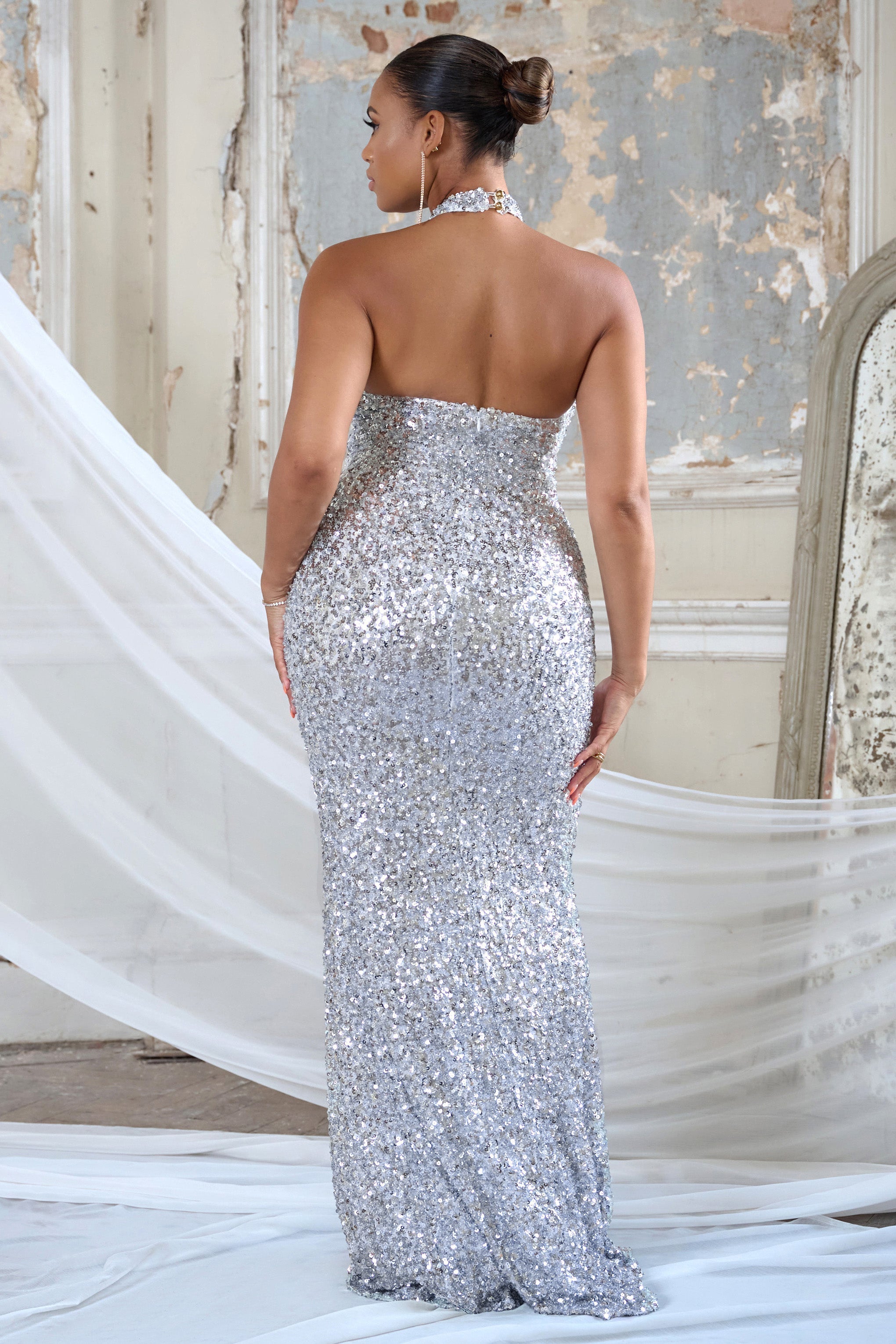 Forever Shining | Silver Sequin Halter Neck Maxi Dress