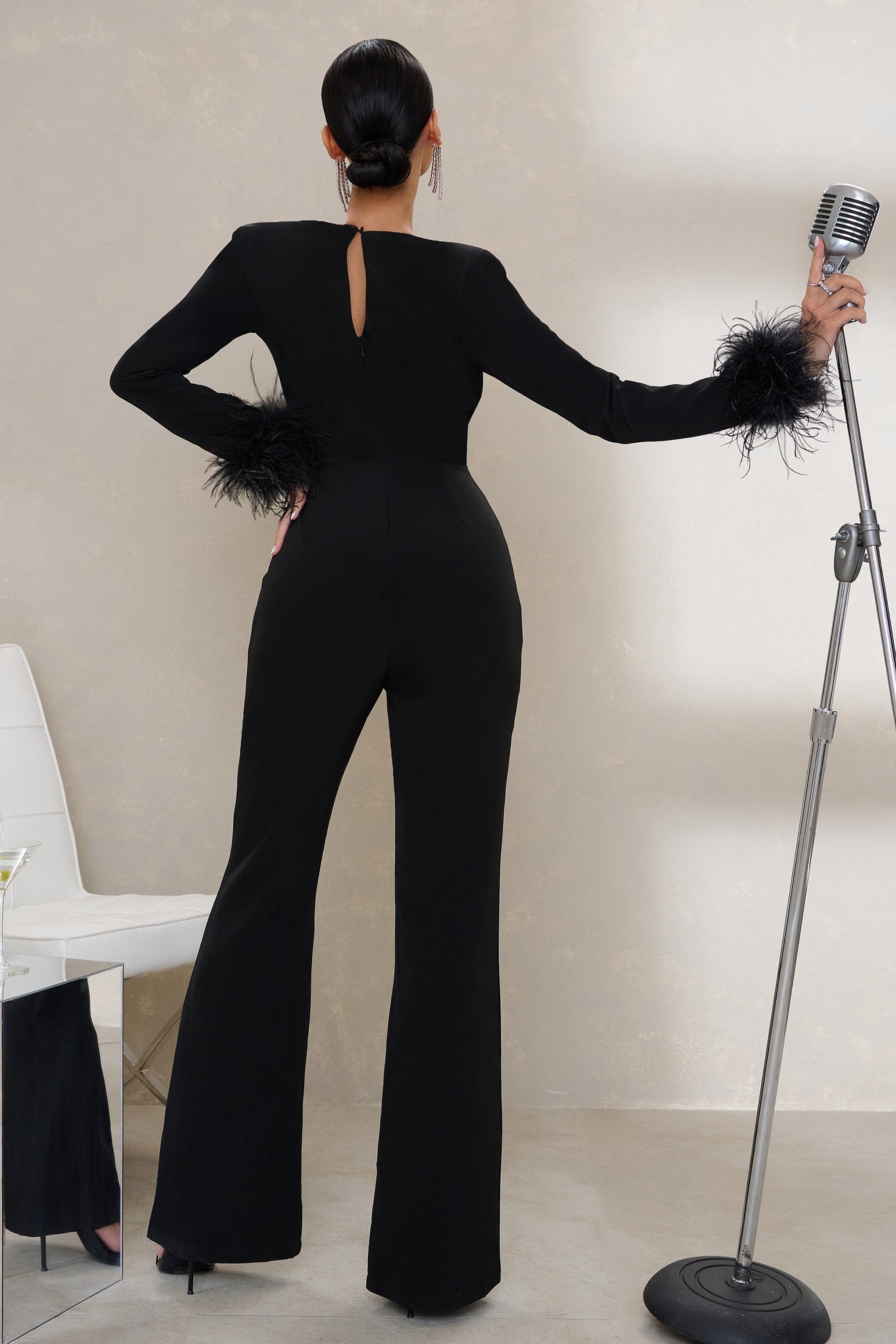 Yours Truly | Petite Black Plunge Neck Jumpsuit with Feather Cuffs