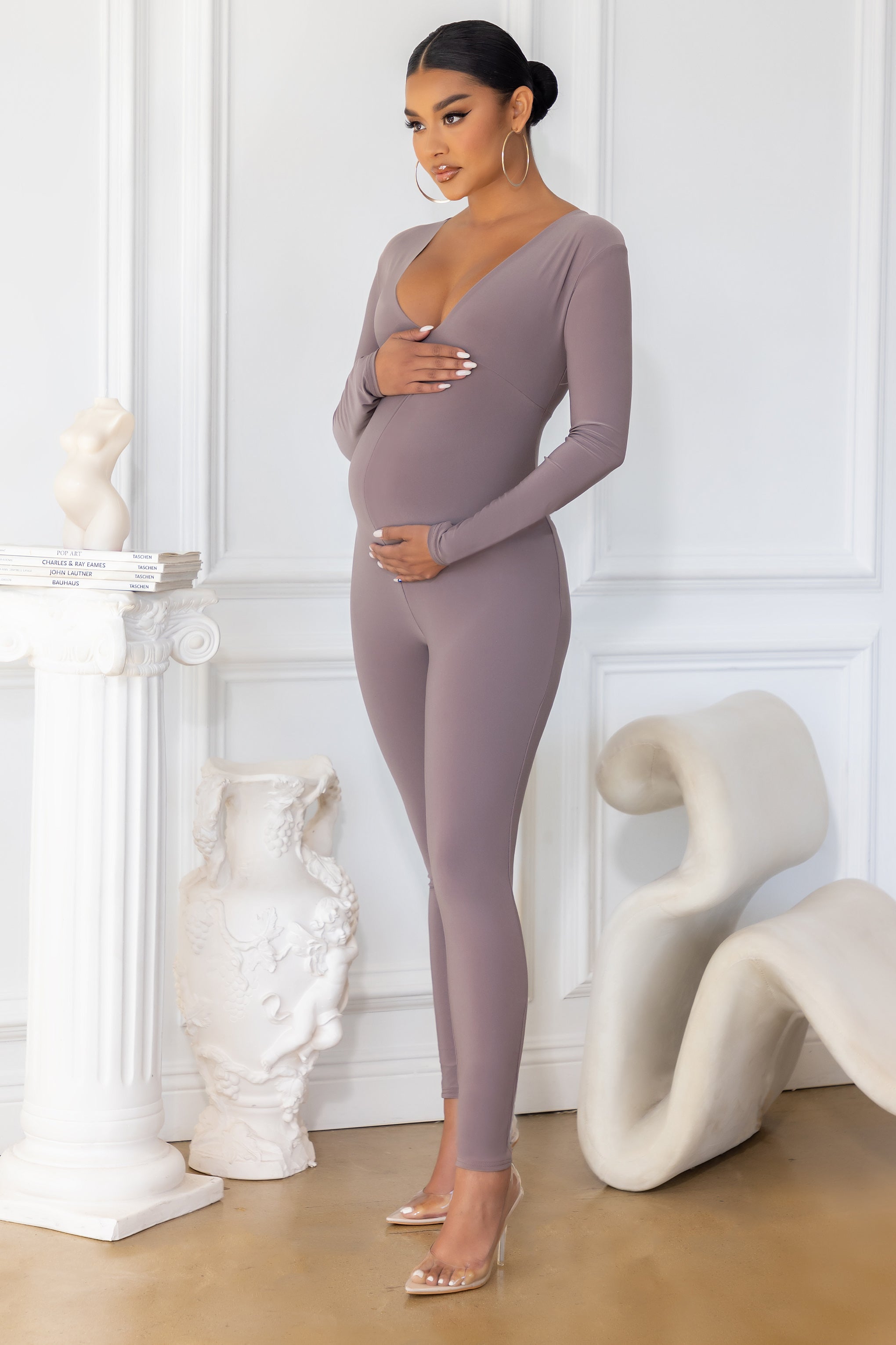 My World | Taupe Maternity V Neck Long Sleeve Jumpsuit