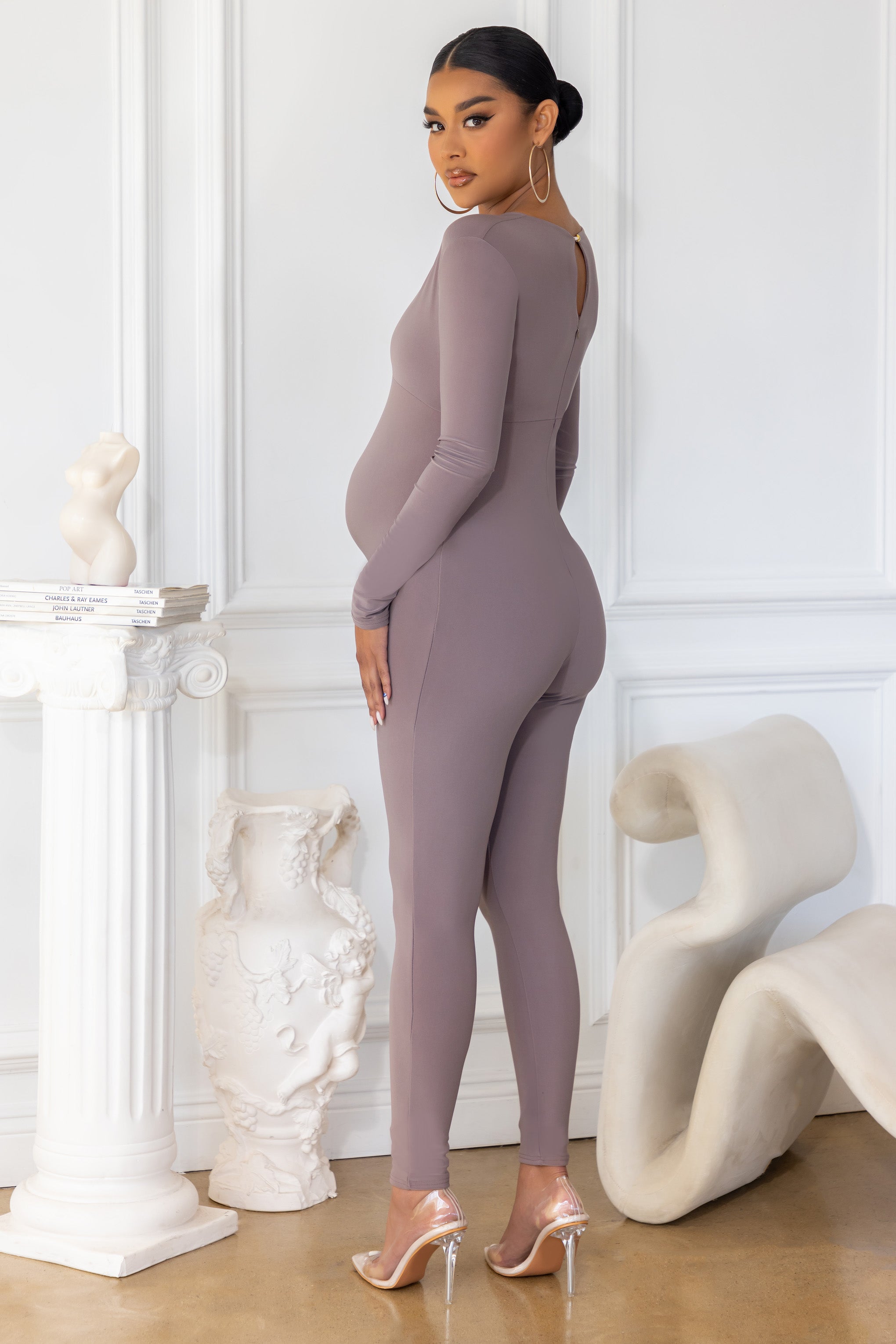 My World | Taupe Maternity V Neck Long Sleeve Jumpsuit