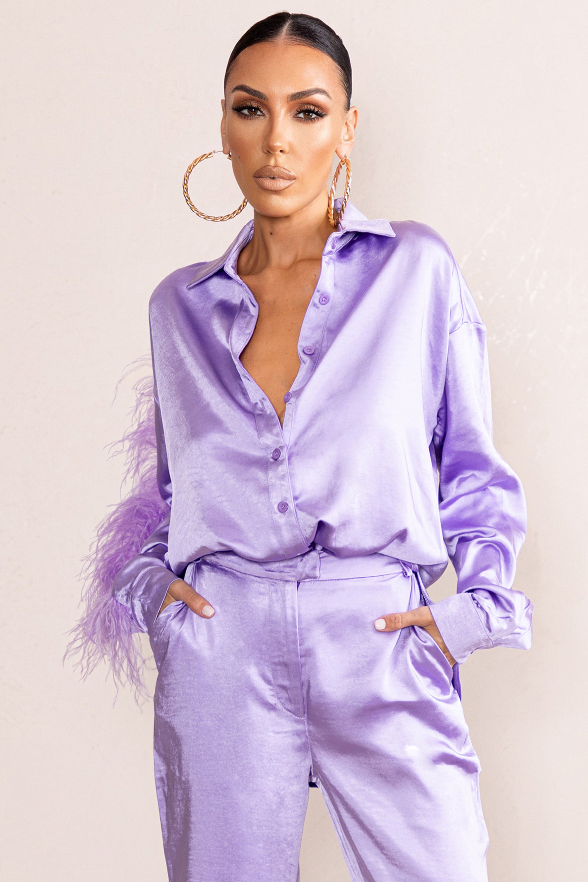 Catch My Eye | Lilac Feather Sleeve Satin Shirt