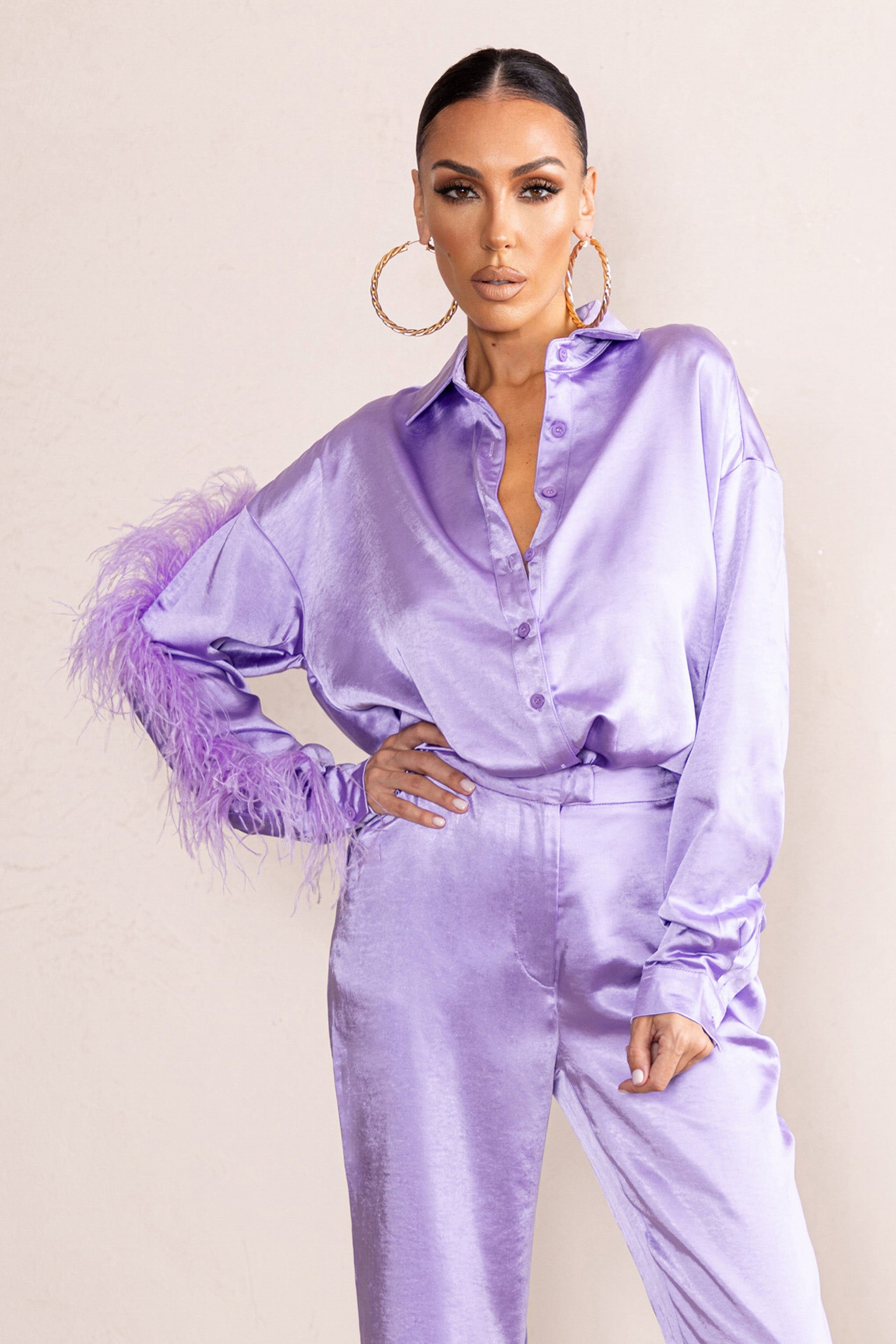 Catch My Eye | Lilac Feather Sleeve Satin Shirt