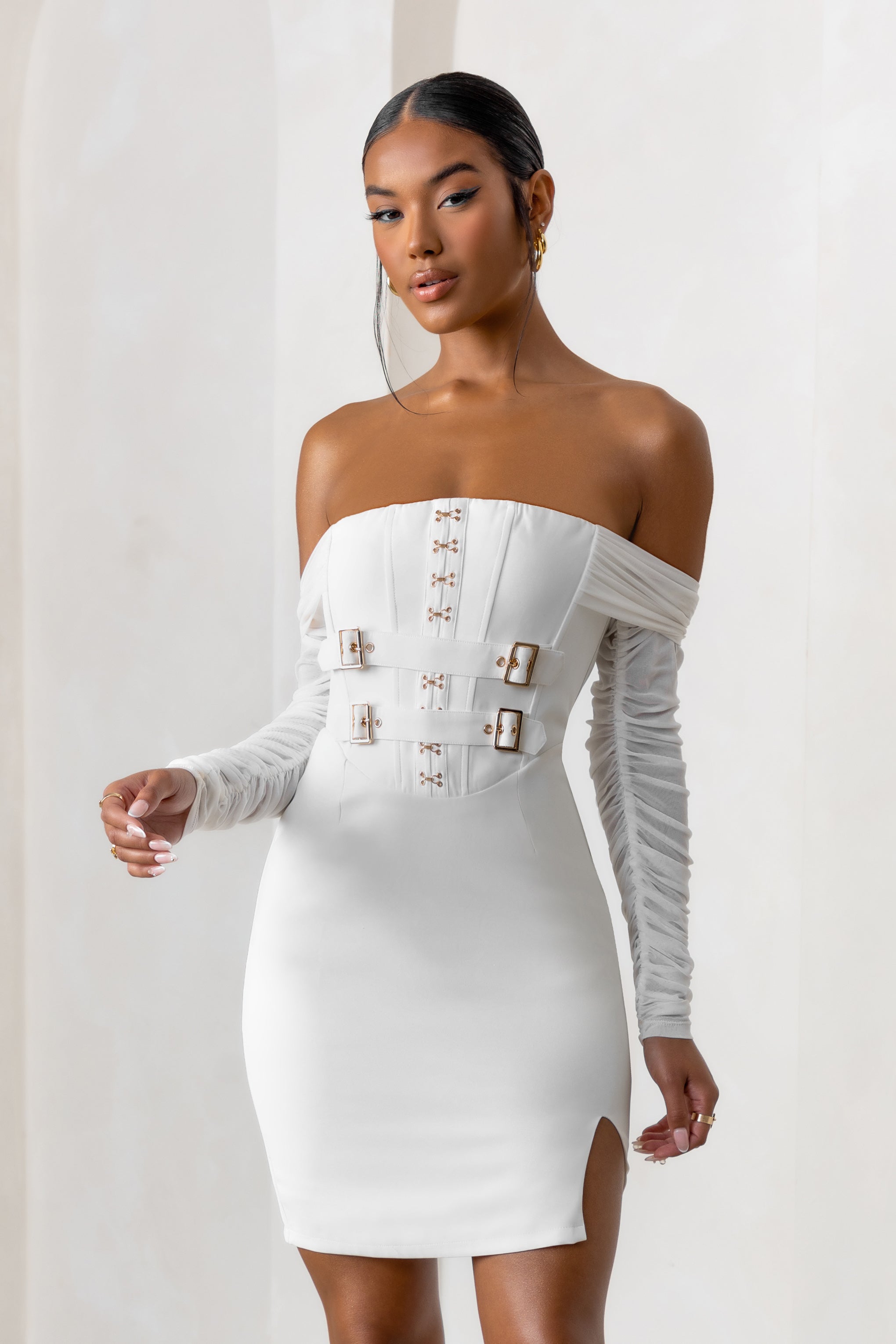 Above & Beyond | White Bardot Neck Corset Mini Dress With Belt Detail