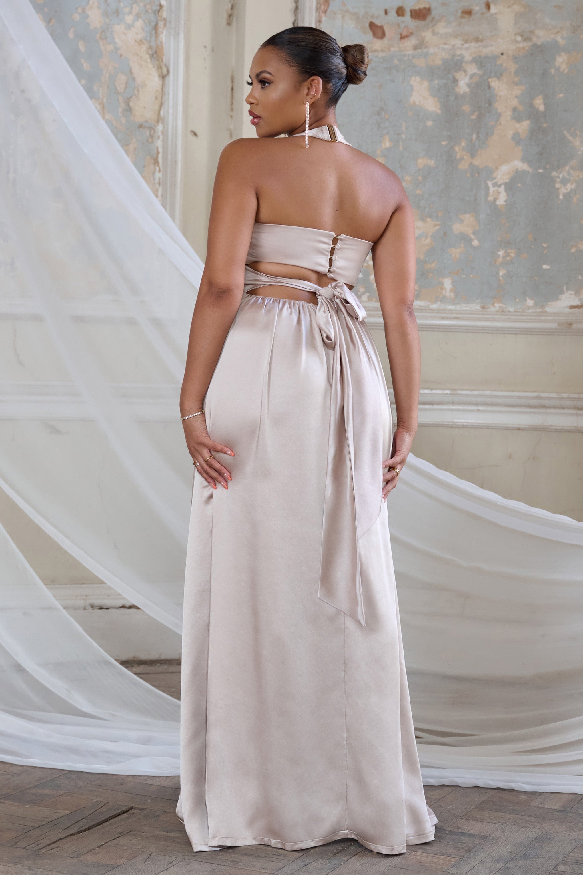 Darling | Champagne Satin Halter Neck Bow Back Thigh Split Maxi Dress