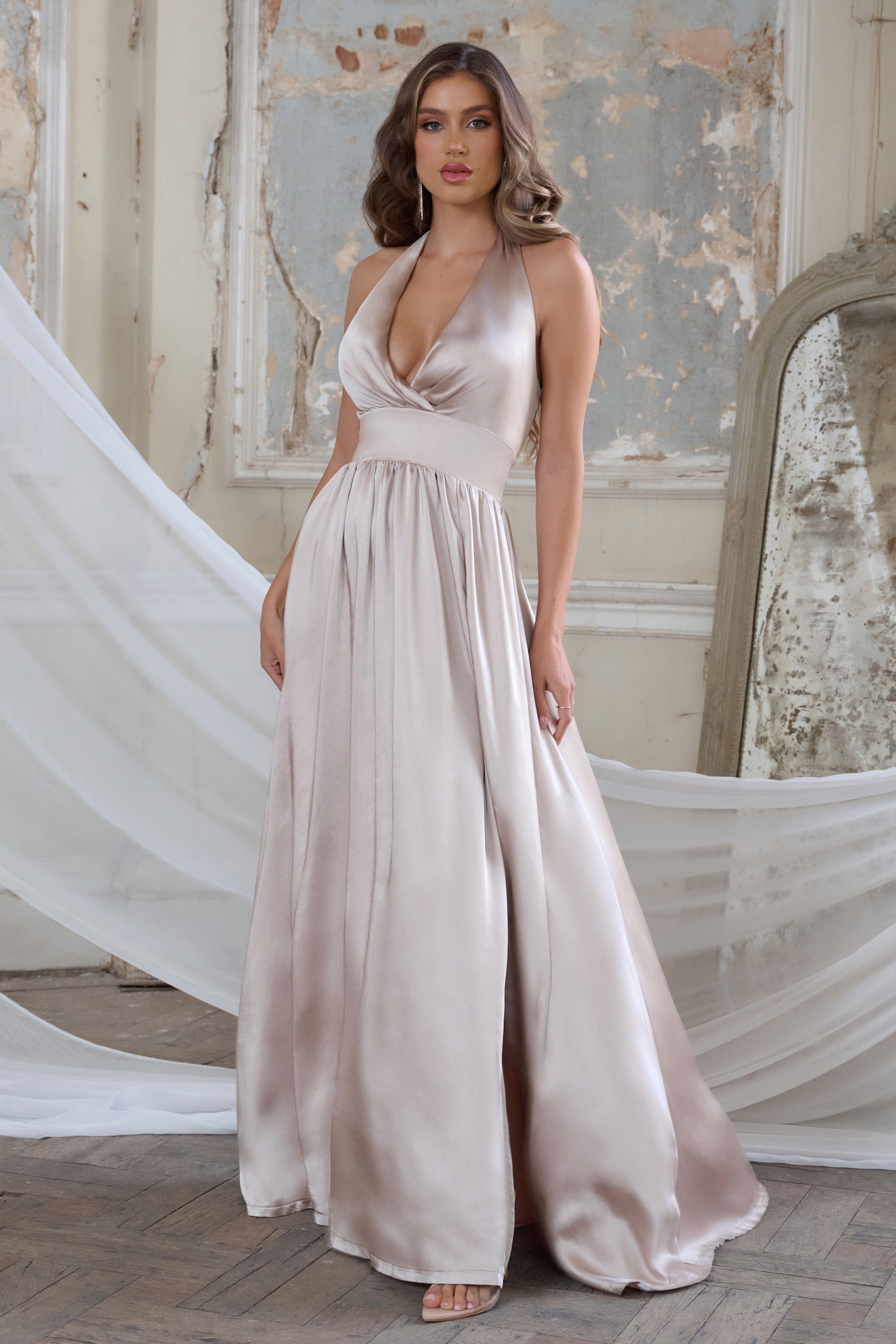 Darling | Champagne Satin Halter Neck Bow Back Thigh Split Maxi Dress