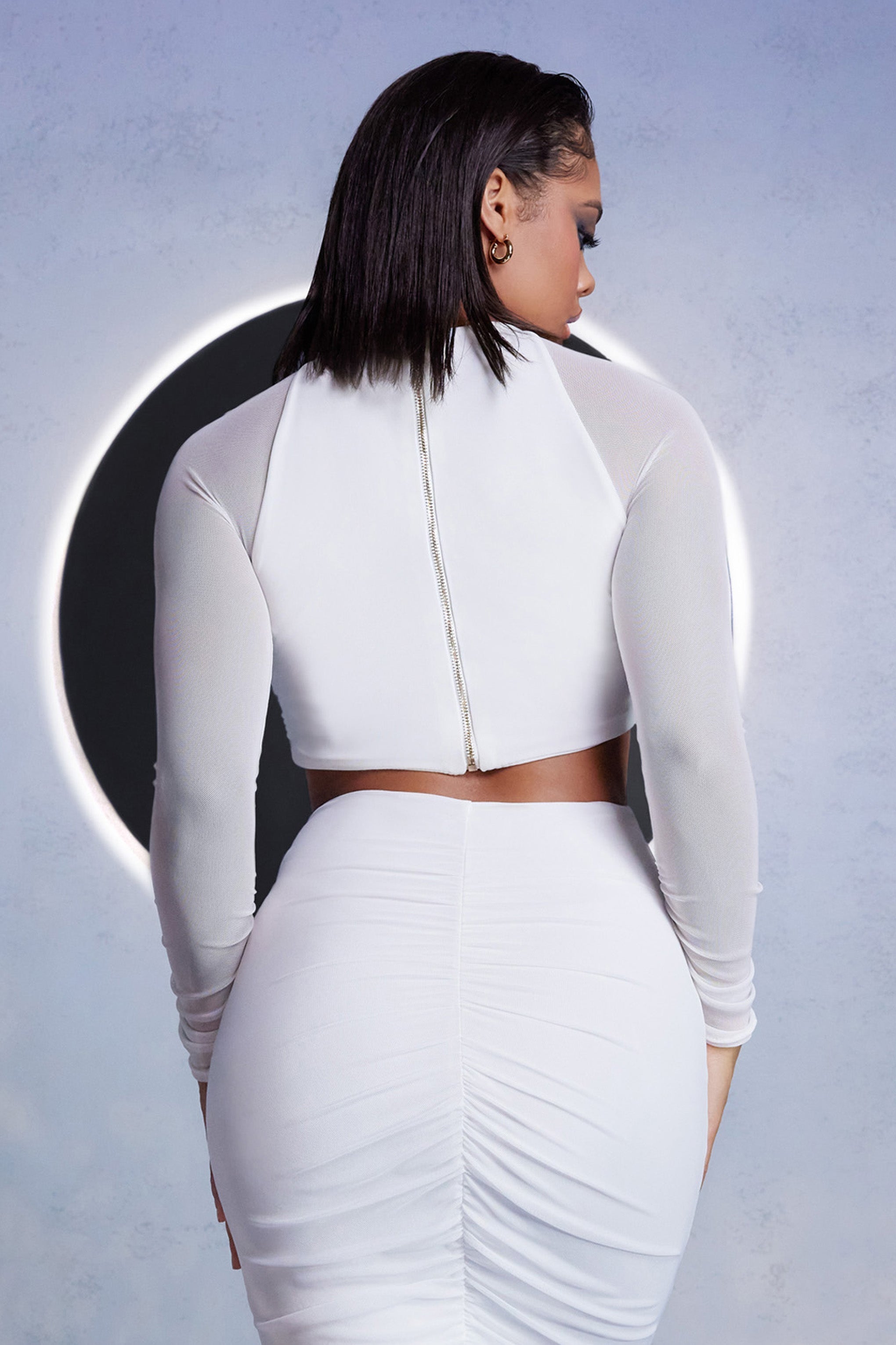 High Stakes | White Mesh High Neck Ruched Detail Crop Top With Long Sleeves