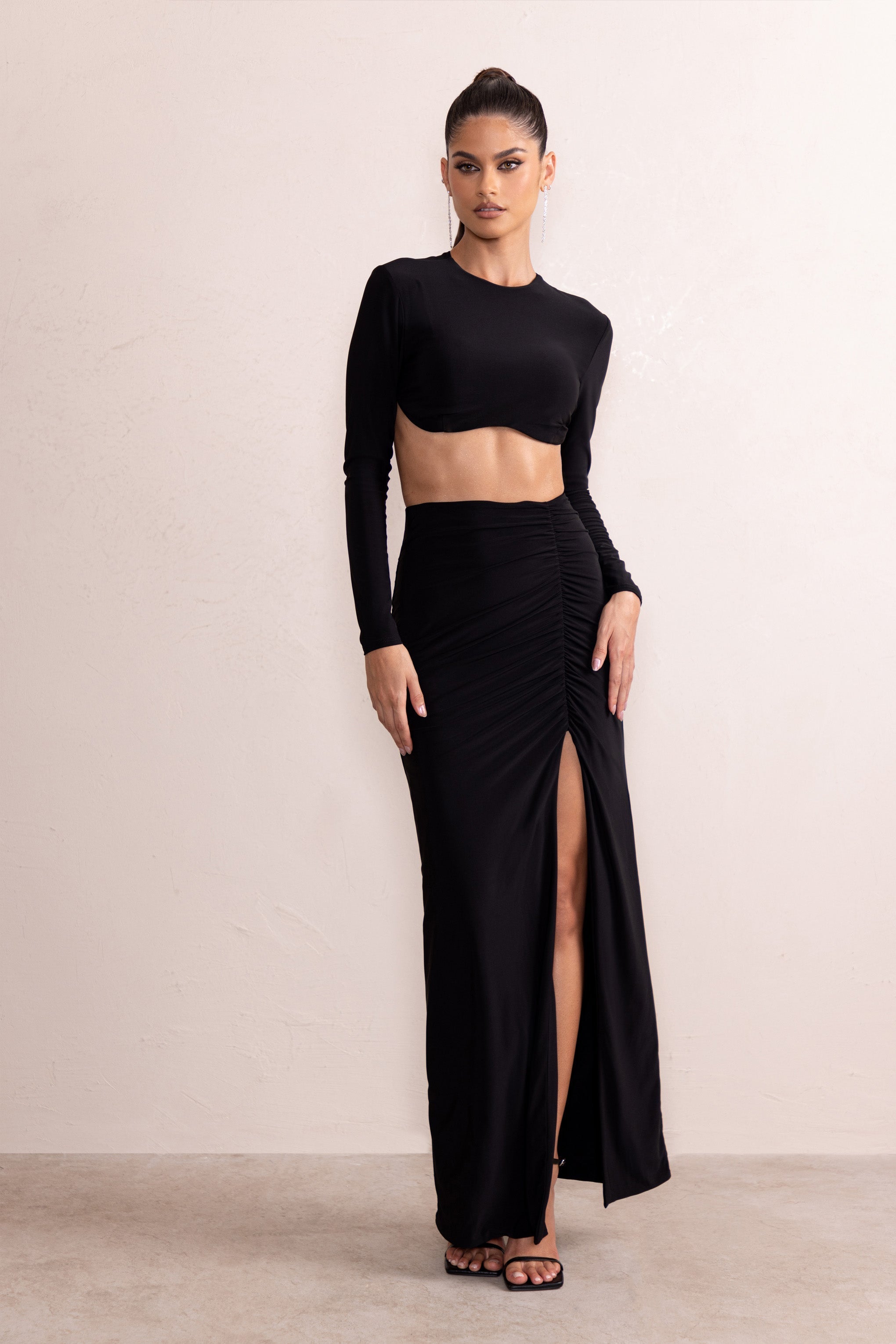 Chloe | Black High Waist Ruched Detail Maxi Skirt