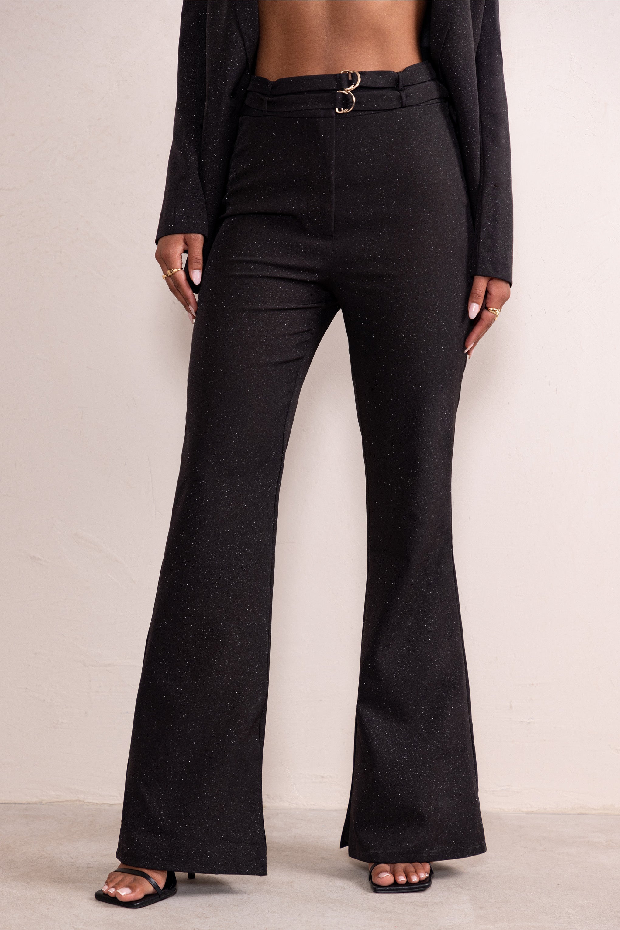 Alena | Black Glitter High Waist Flared Trousers