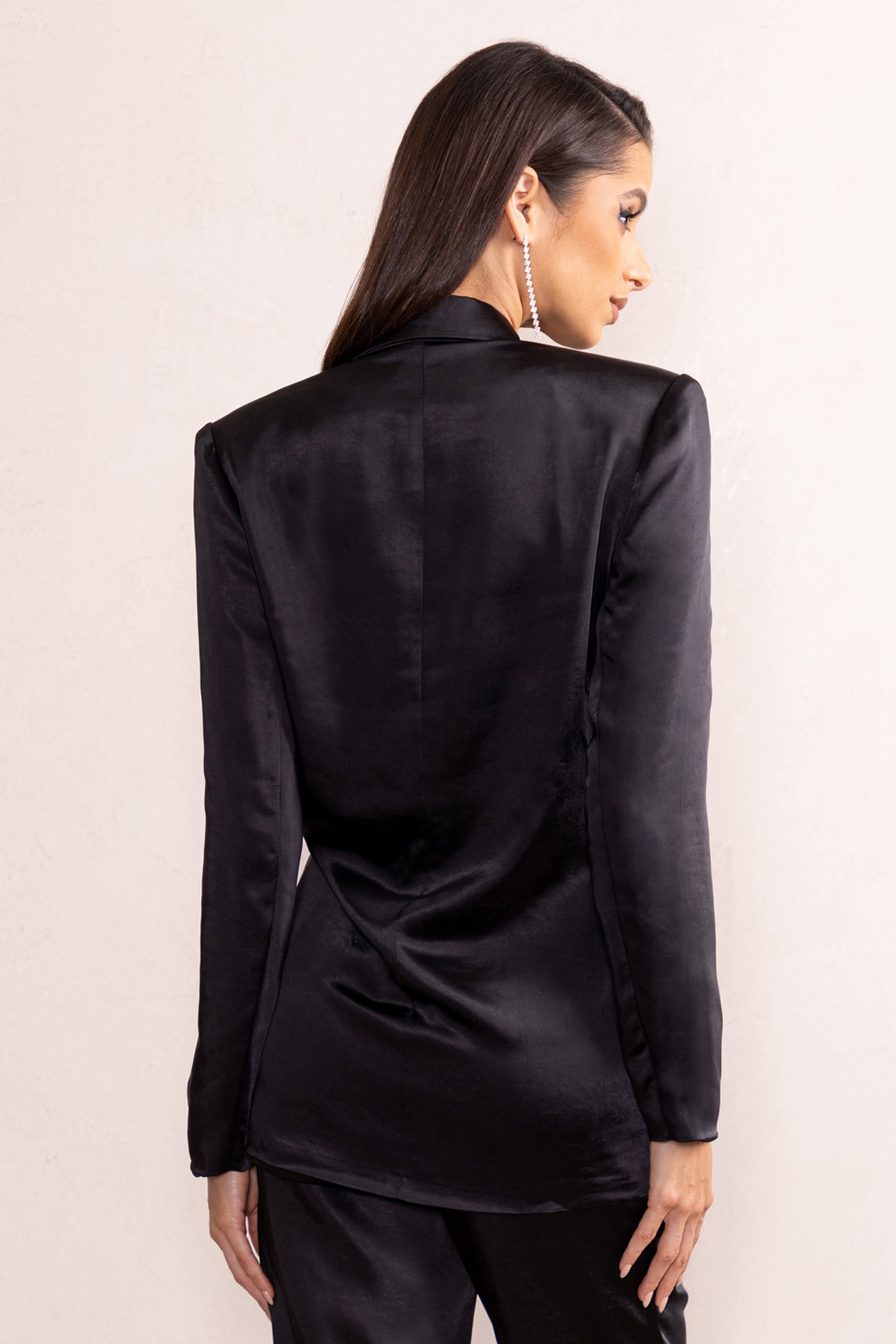 Arabella | Black Satin Plunge Neck Oversized Blazer