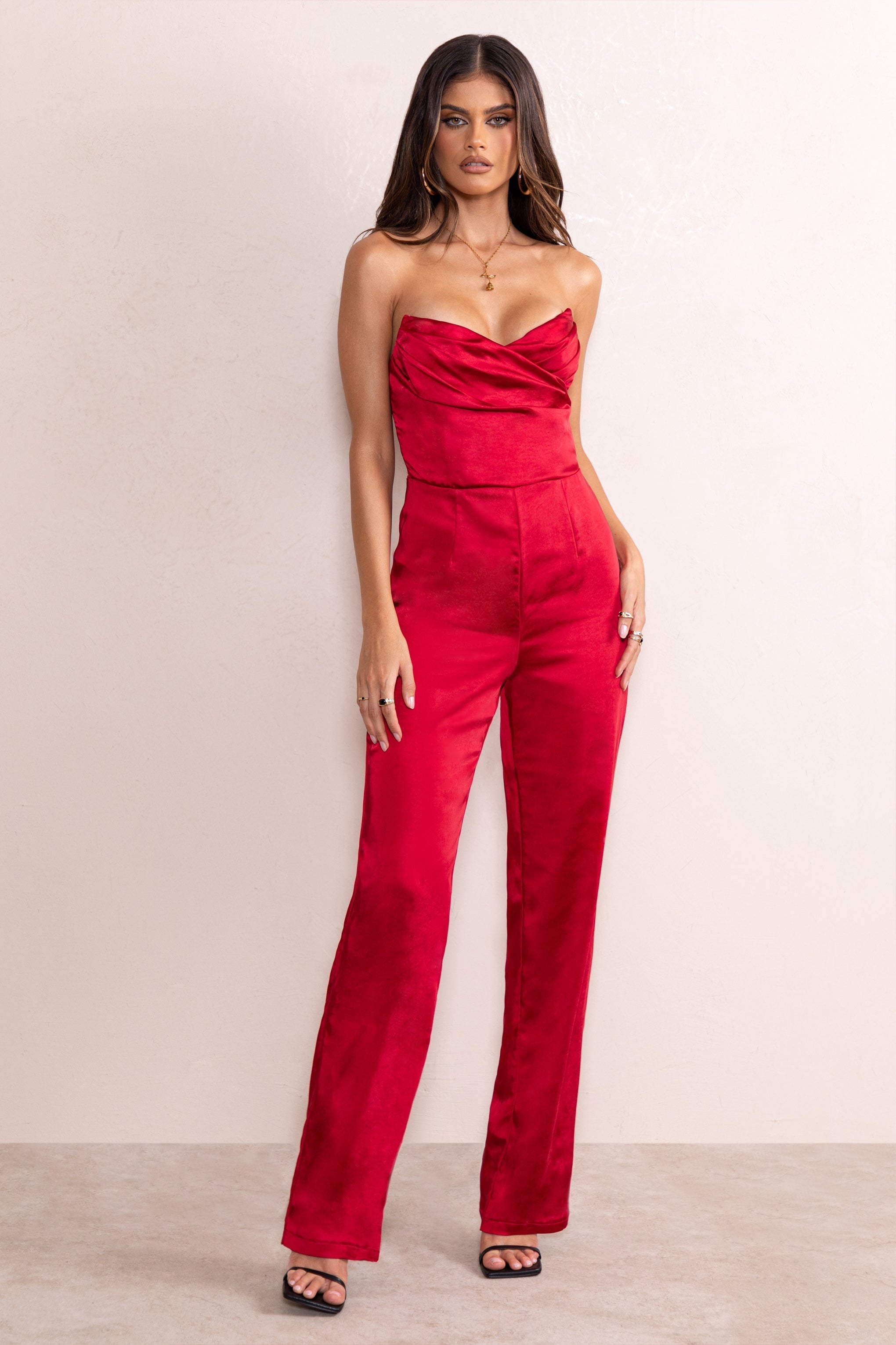 Amiah | Berry Red Satin Strapless Straight Leg Jumpsuit