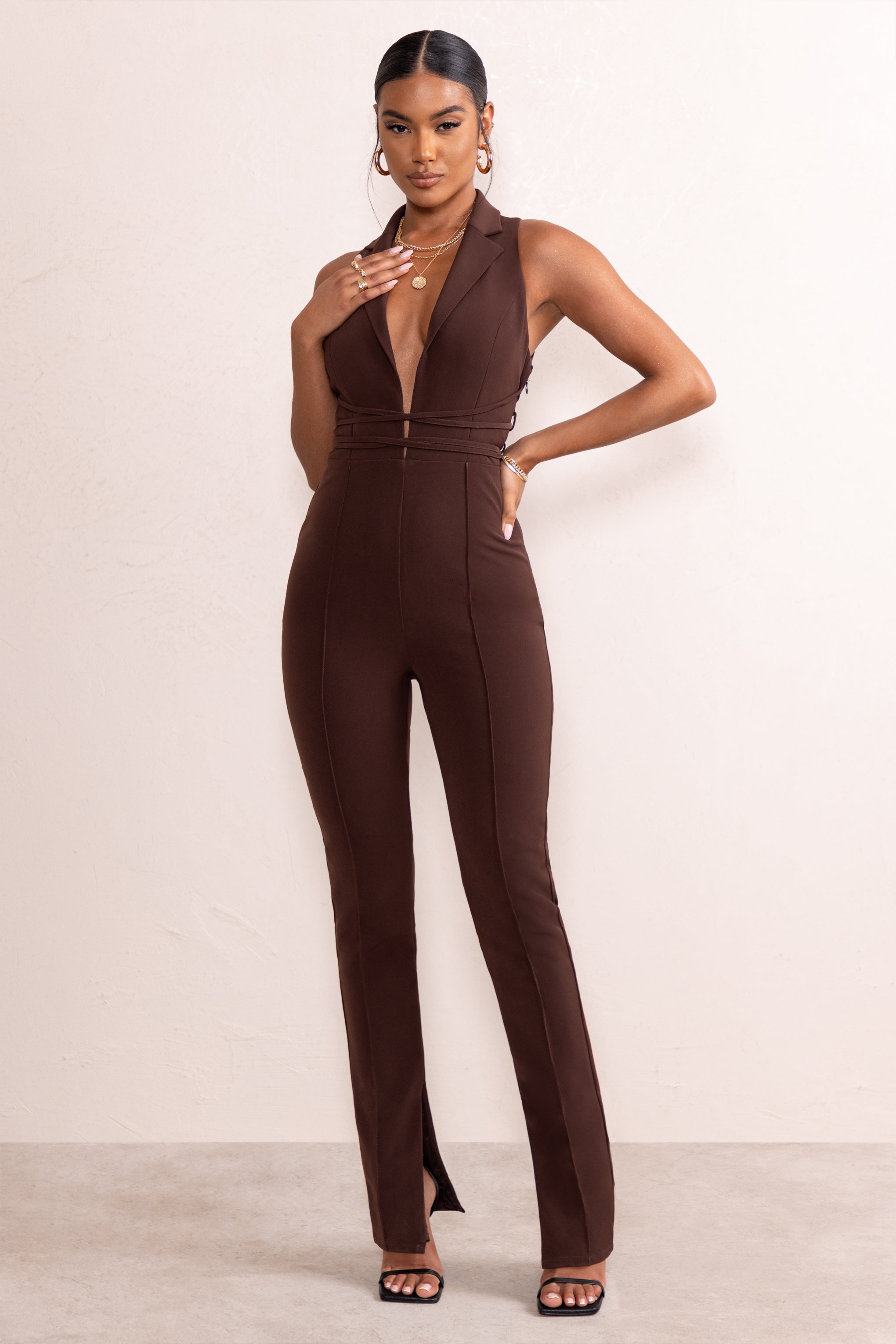 Myra | Chocolate Brown Plunge Neck Tailored Jumpsuit With Tie Detail