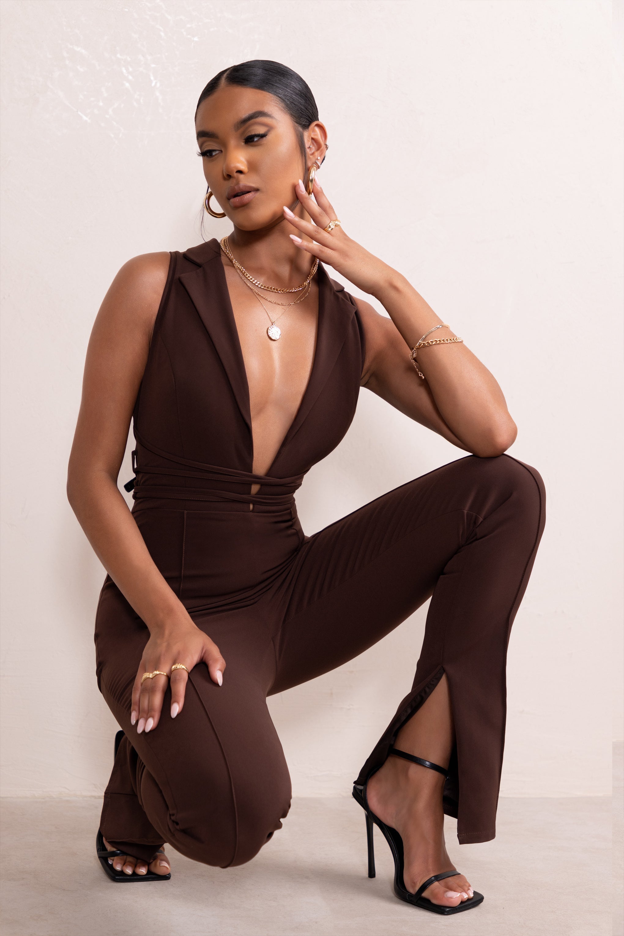 Myra | Chocolate Brown Plunge Neck Tailored Jumpsuit With Tie Detail