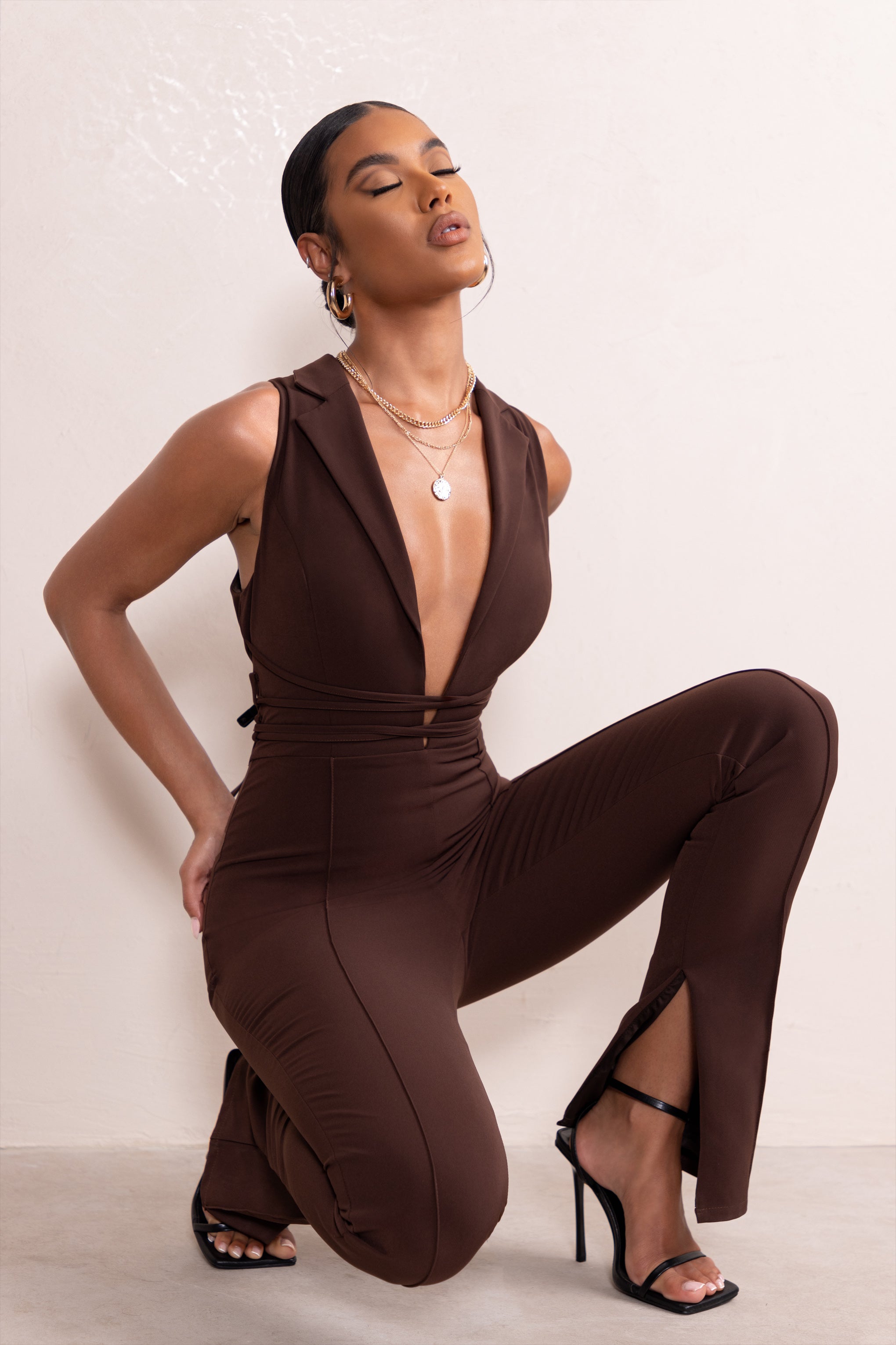 Myra | Chocolate Brown Plunge Neck Tailored Jumpsuit With Tie Detail