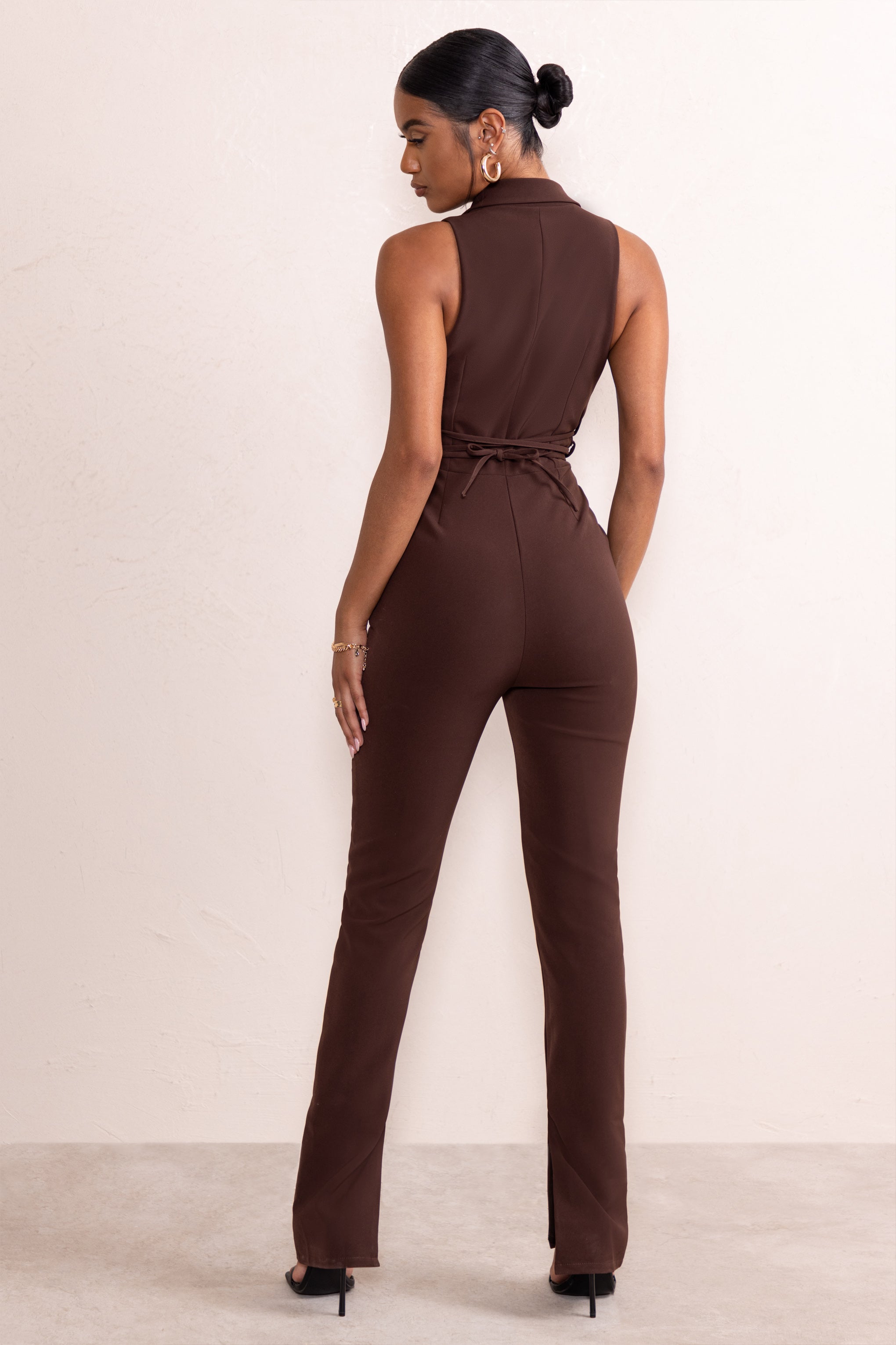 Myra | Chocolate Brown Plunge Neck Tailored Jumpsuit With Tie Detail