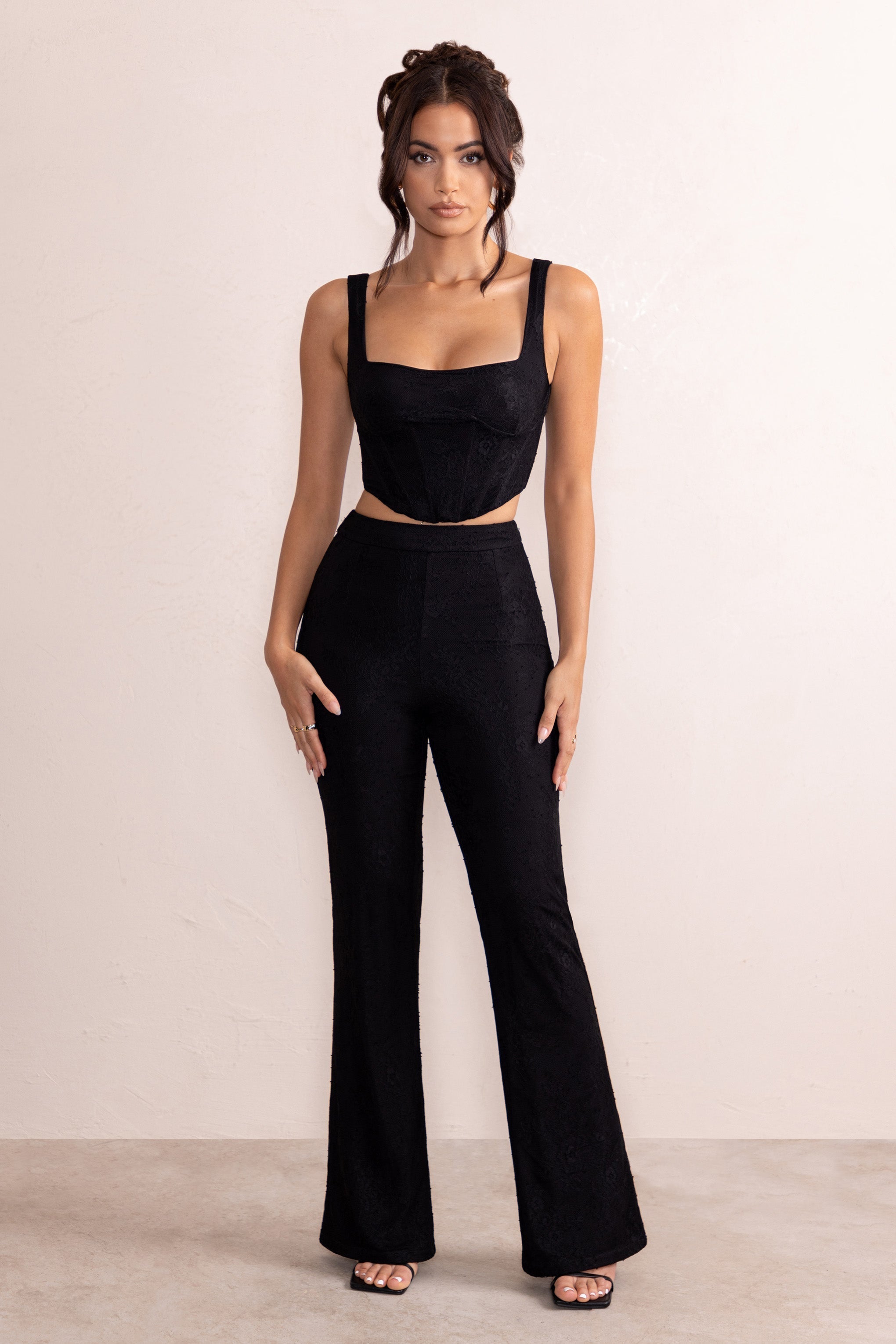 Ada | Black Lace Overlay Flared Trousers