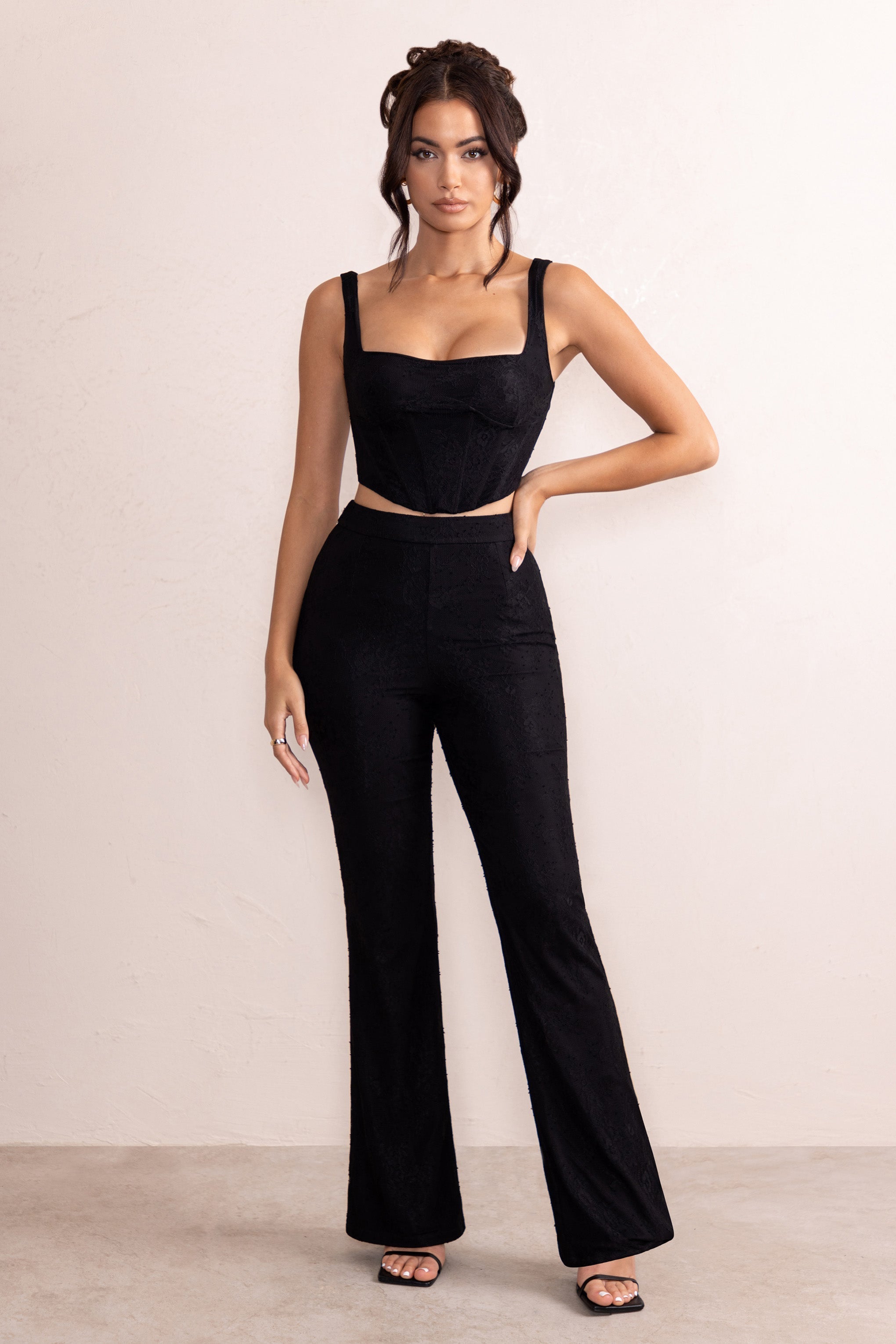 Ada | Black Lace Overlay Flared Trousers