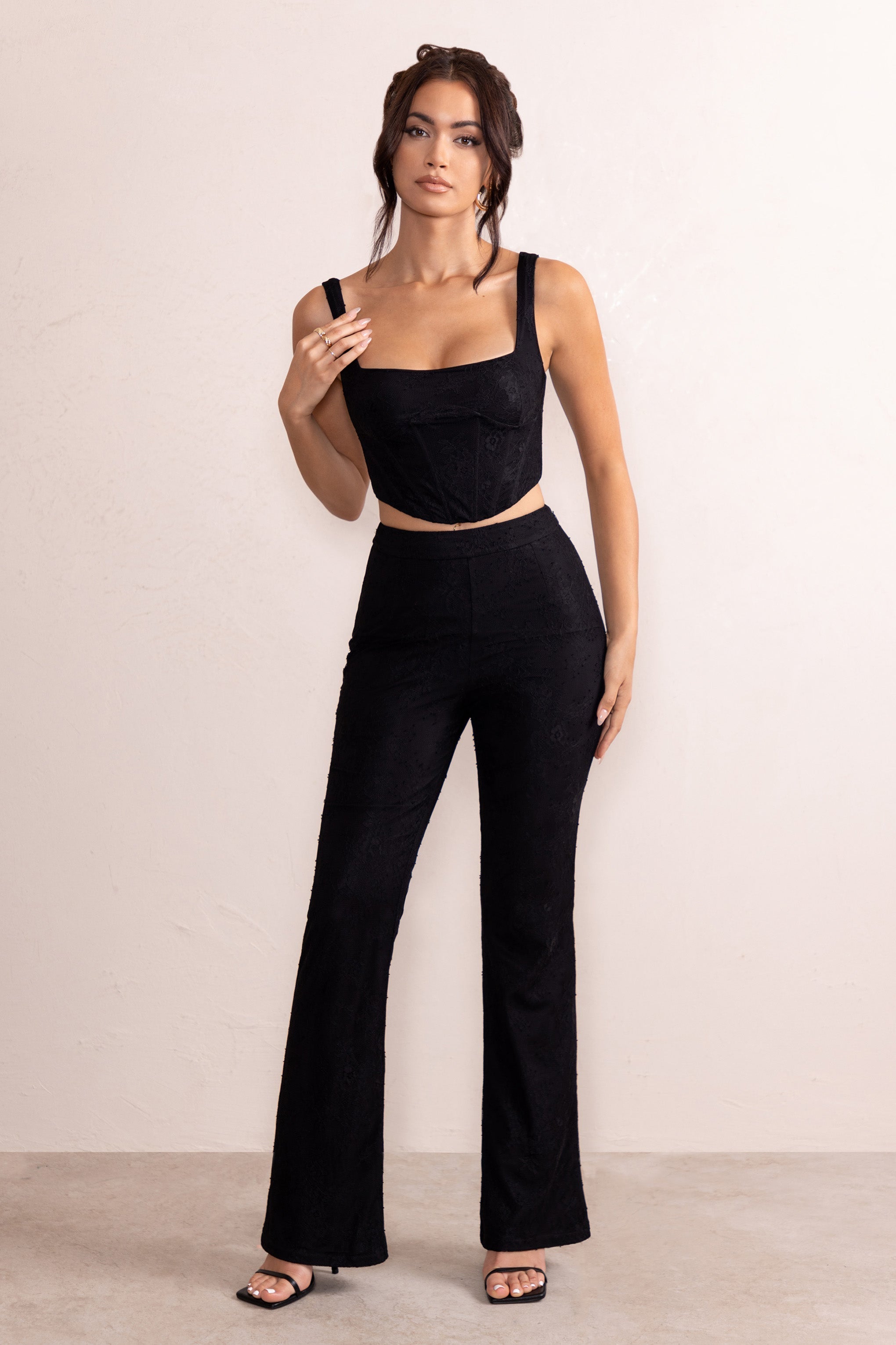 Ada | Black Lace Overlay Flared Trousers