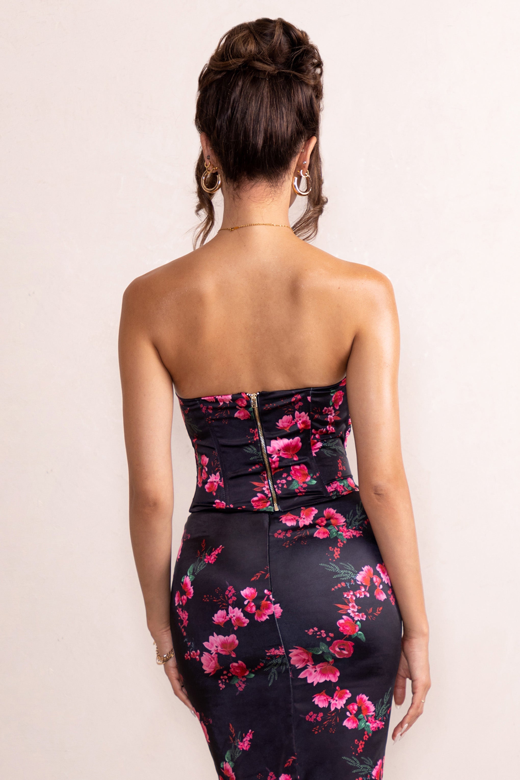 Evie | Black Floral Print Satin Corset Top With Dipped Hem