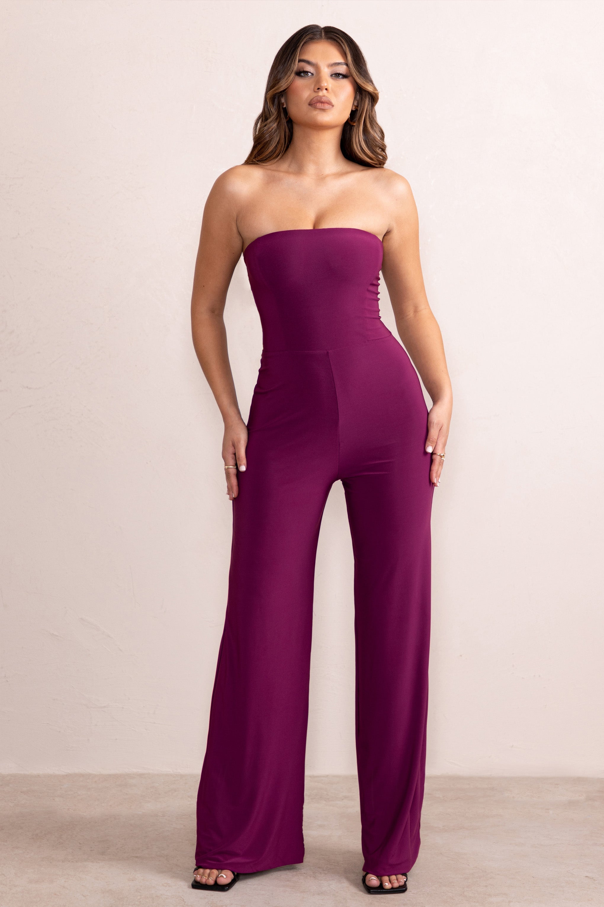 Darya | Wine Bandeau Wide Leg Jumpsuit