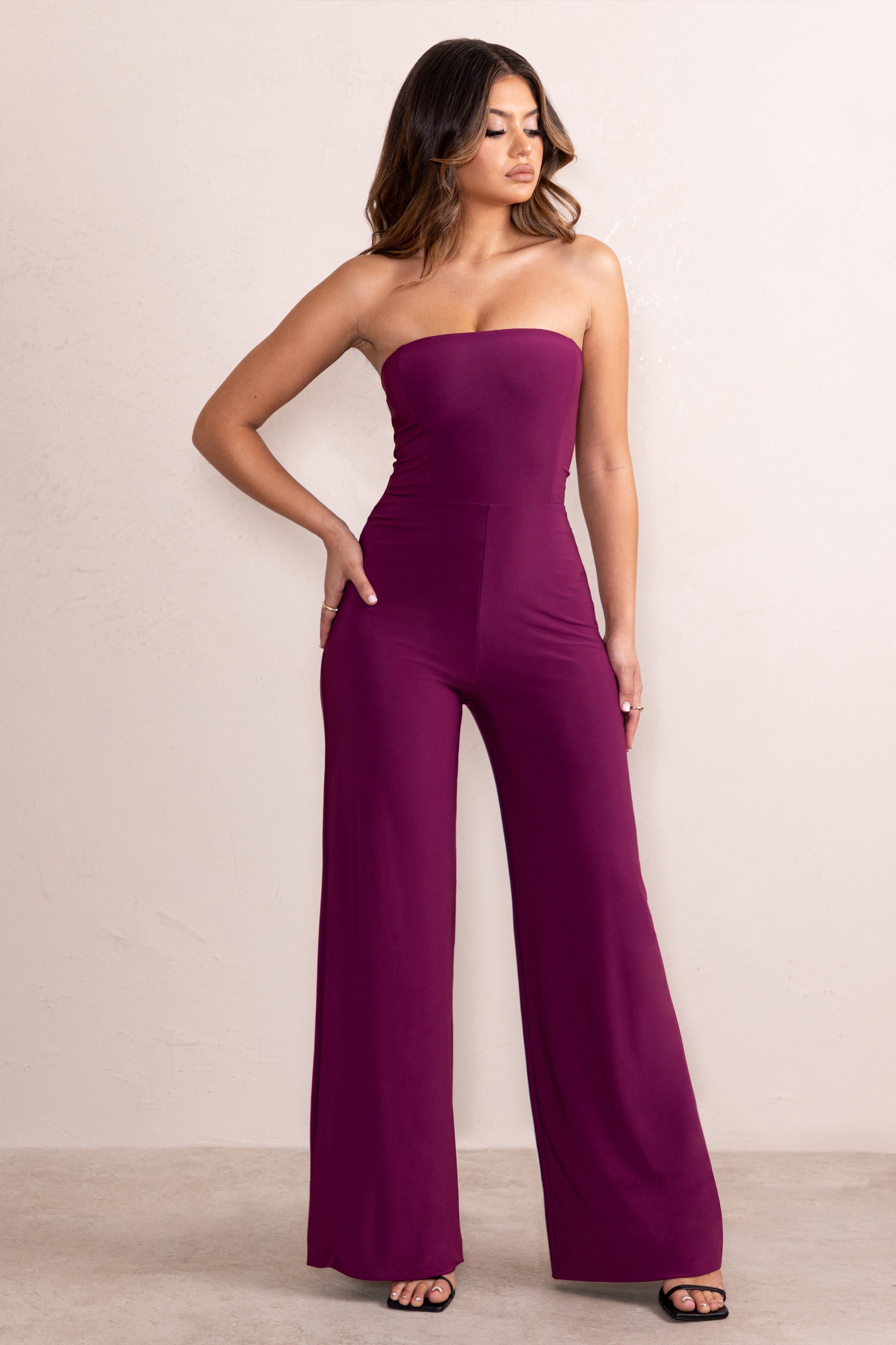 Darya | Wine Bandeau Wide Leg Jumpsuit