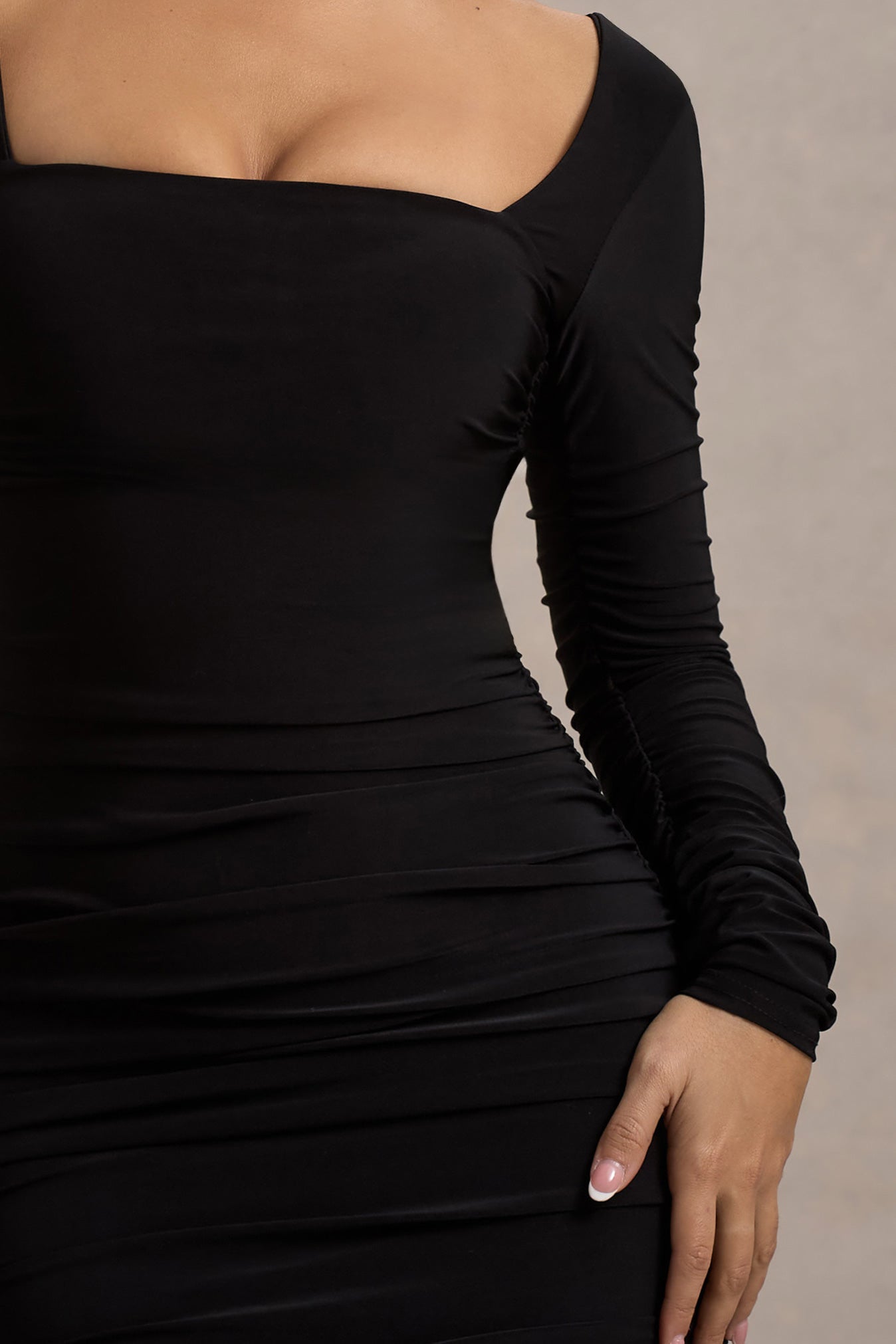 Muse | Black Long Sleeve Square Neck Ruched Mini Dress