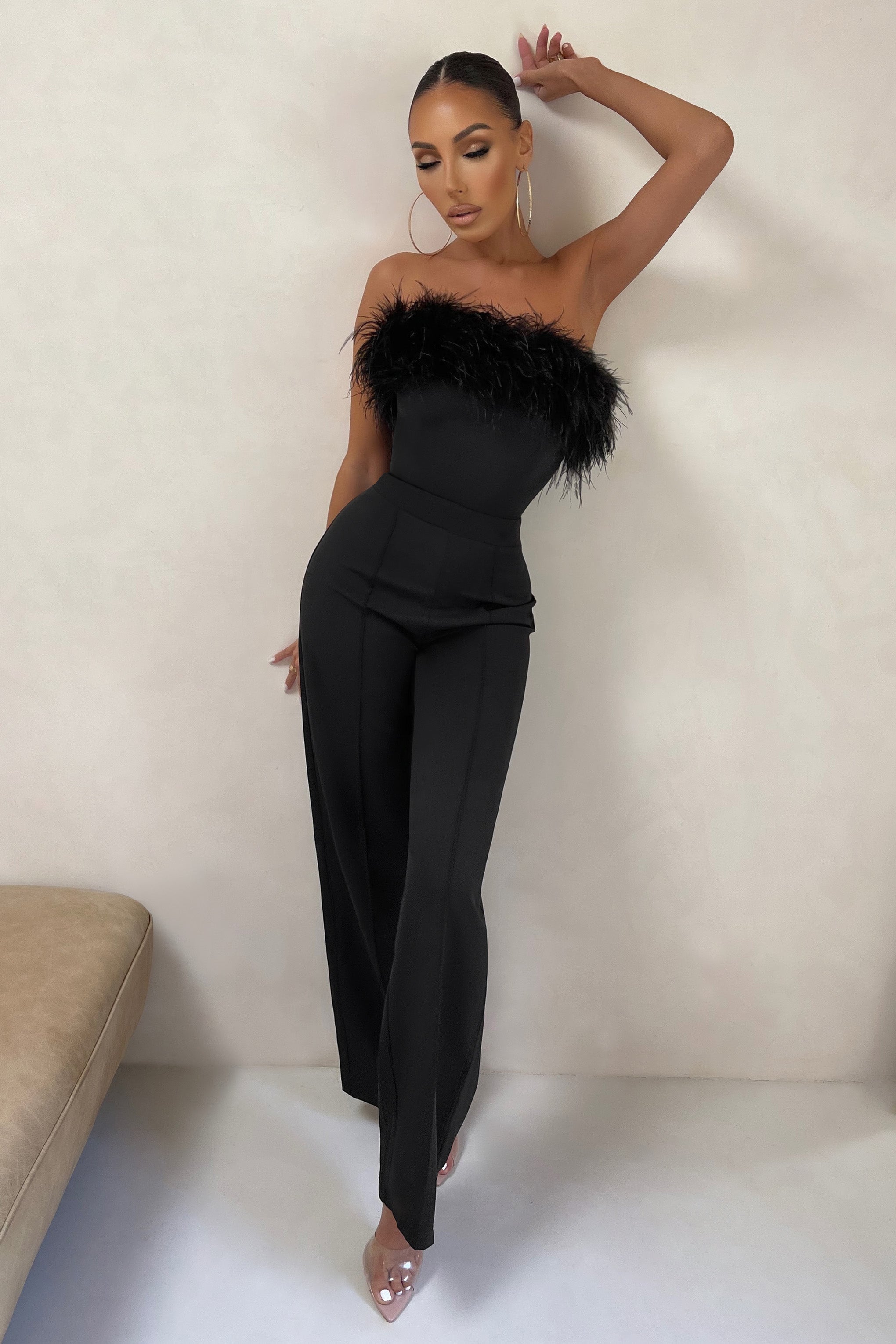 First Class | Black Petite Bandeau Feather Wide Leg jumpsuit