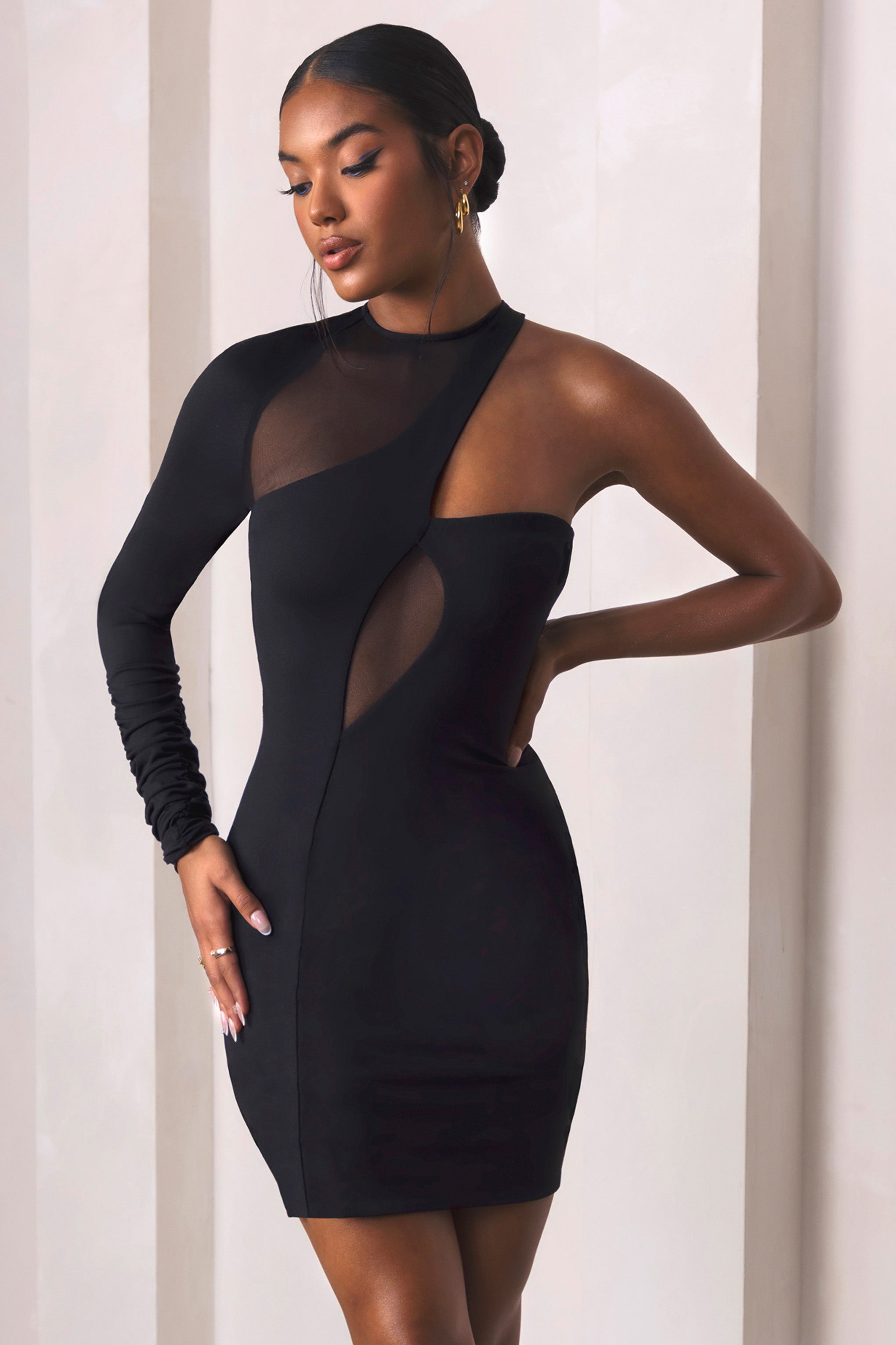 Be Ready | Black High Neck Mesh Cut Out Mini Dress