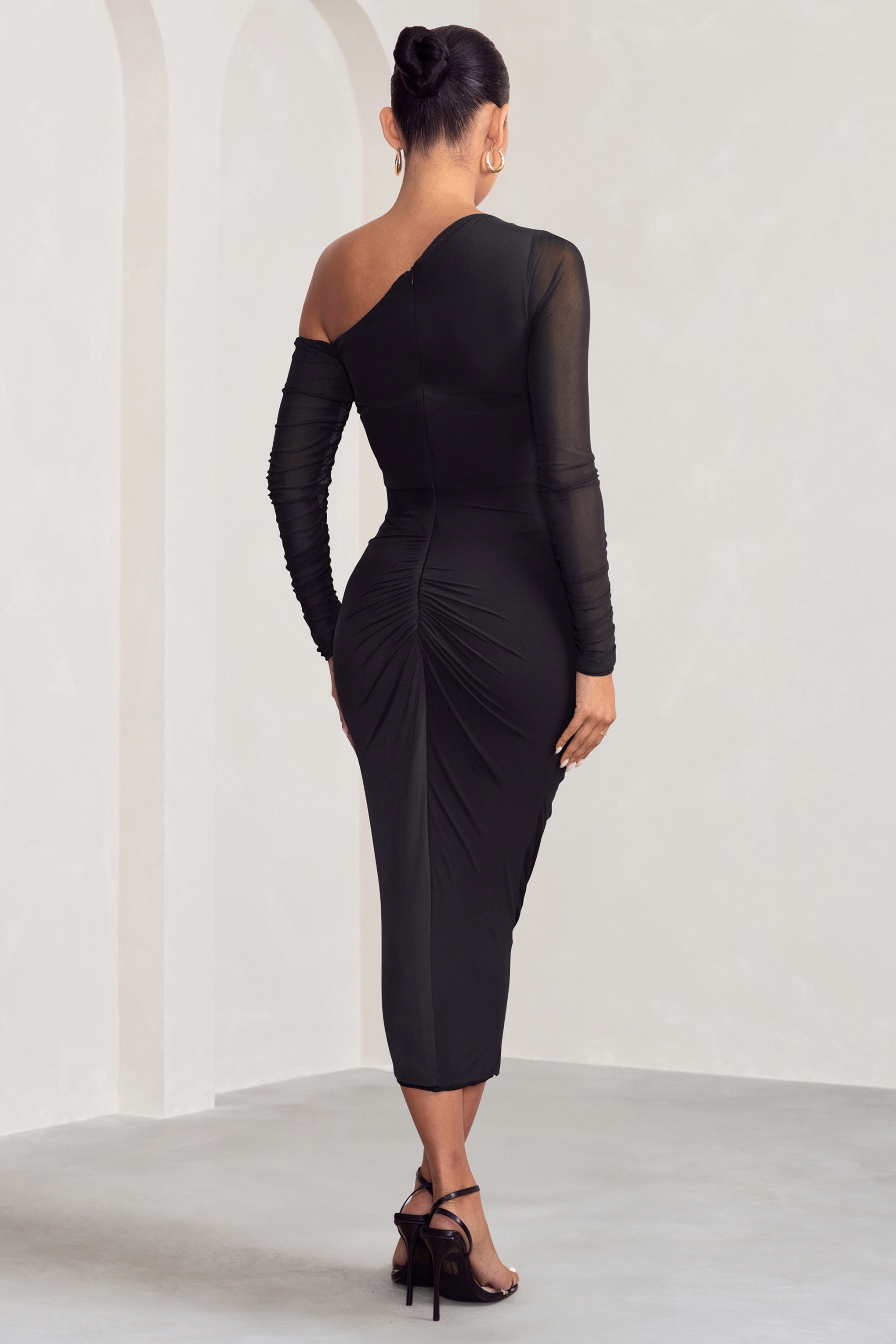 Sweet Dreams | Black Maternity Asymmetric Ruched Midi Dress