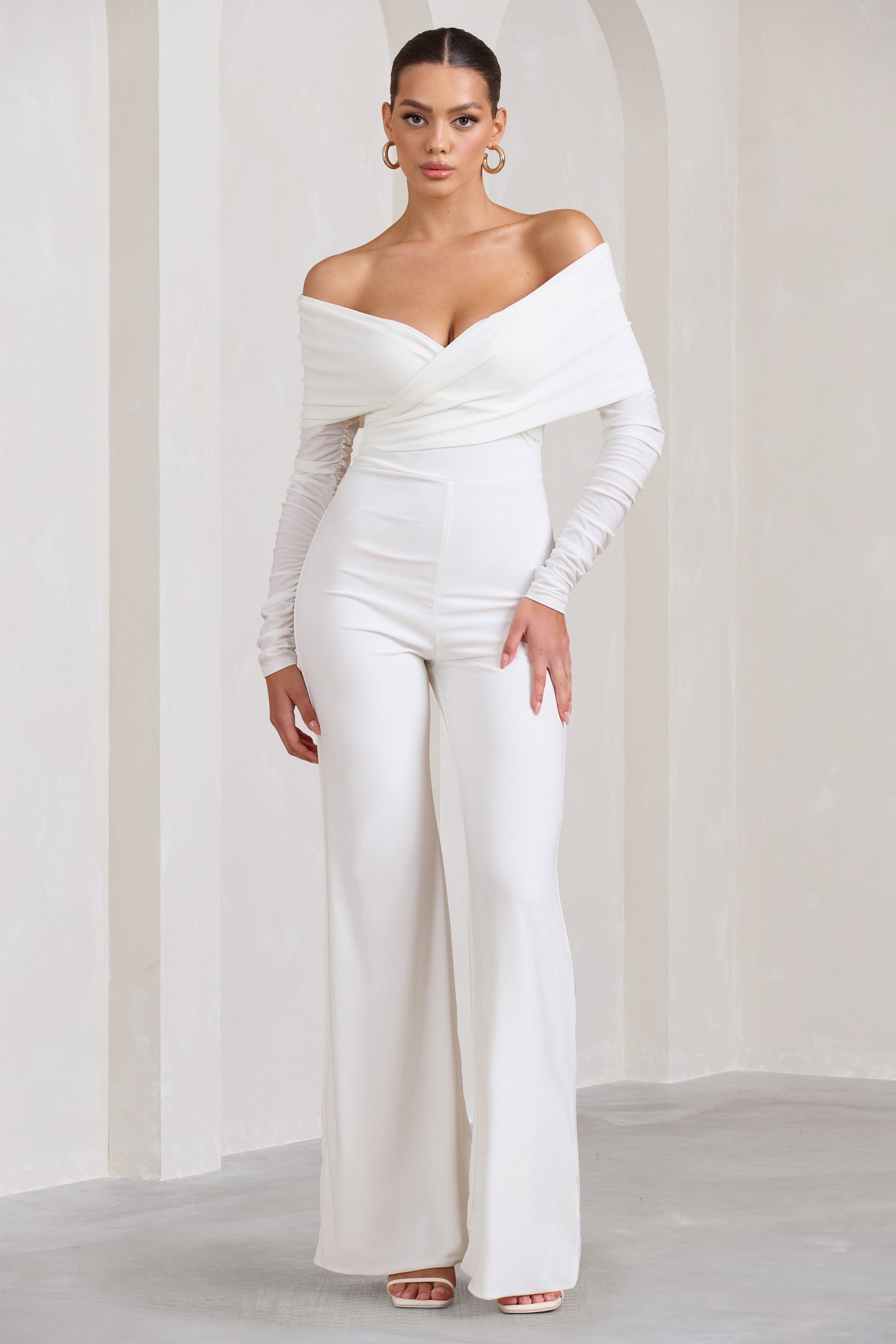 Hand On Heart | Ivory Twist Front Bardot Long Sleeve Jumpsuit