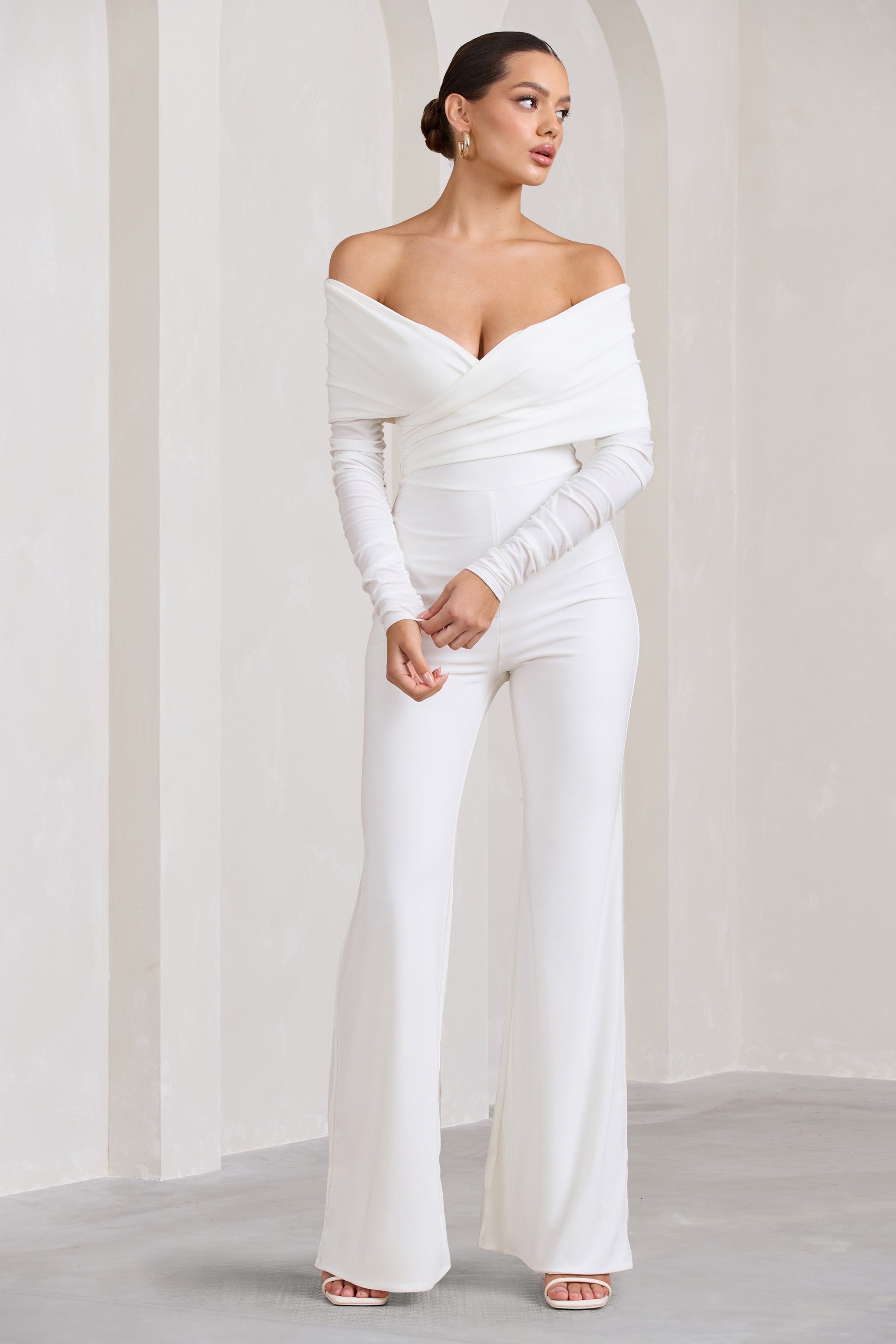 Hand On Heart | Ivory Twist Front Bardot Long Sleeve Jumpsuit