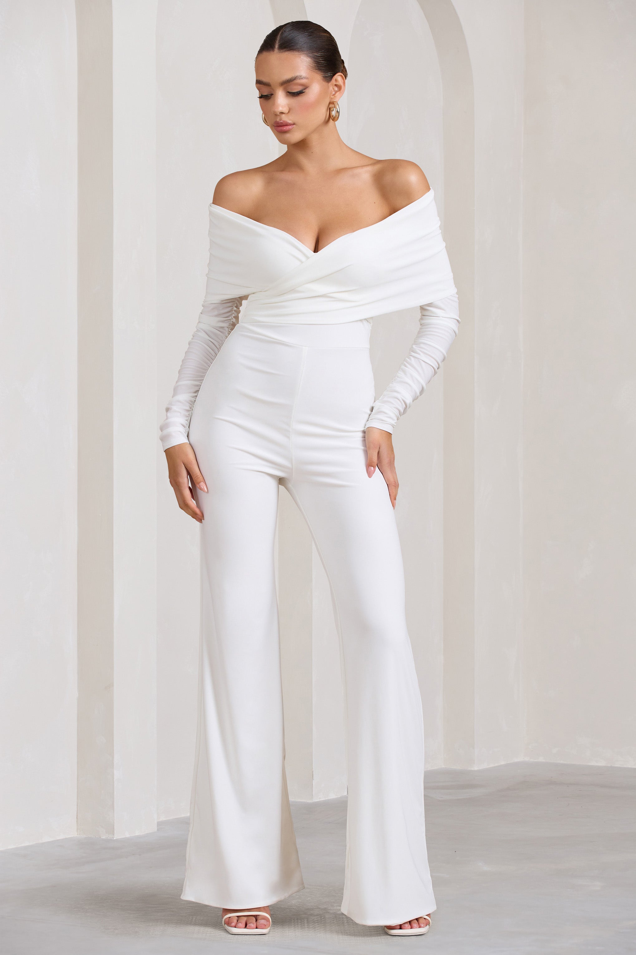 Hand On Heart | Ivory Twist Front Bardot Long Sleeve Jumpsuit