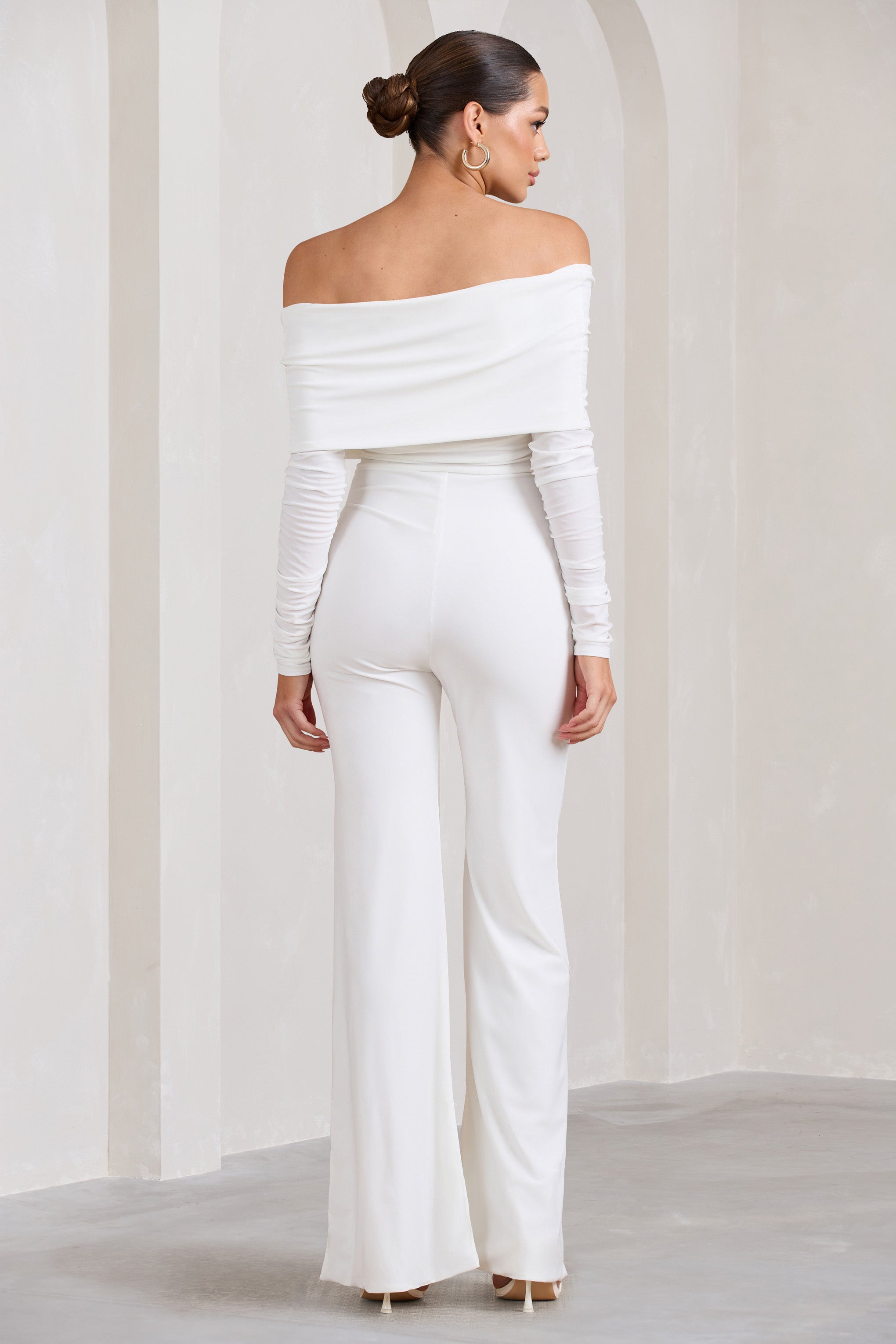 Hand On Heart | Ivory Twist Front Bardot Long Sleeve Jumpsuit